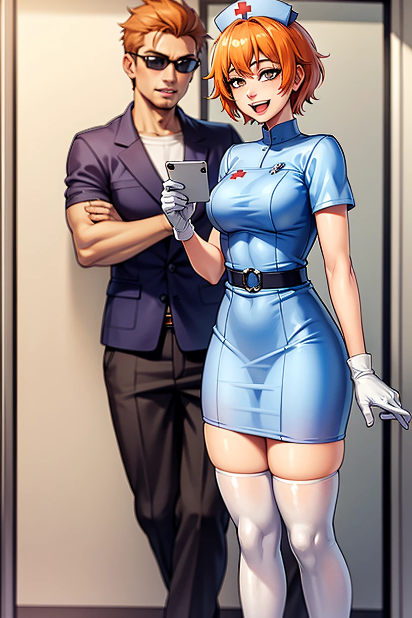 1girl, solo, nurse, nurse cap, white wear, ((white legwear, zettai ryouiki)), white gloves, very short hair, orange hair, smile, open mouth, standing, ((hospital room)), sharp outline, short sleeves, tomboy, boyish, best quality, masterpiece