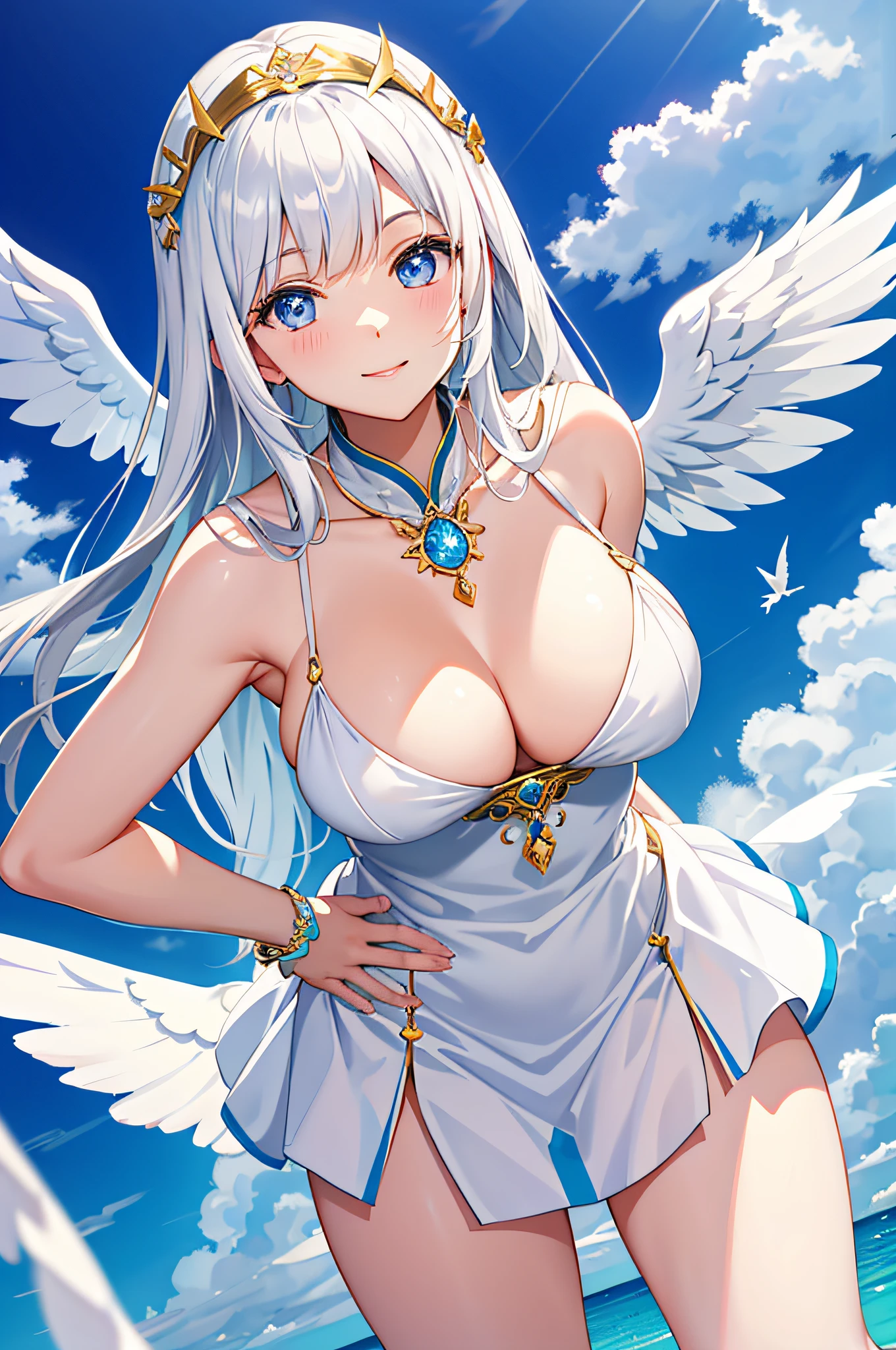 Large white wings grow from its back..、goddess outfit、angel ring on head、smil、mystical sky、large full breasts、facing front