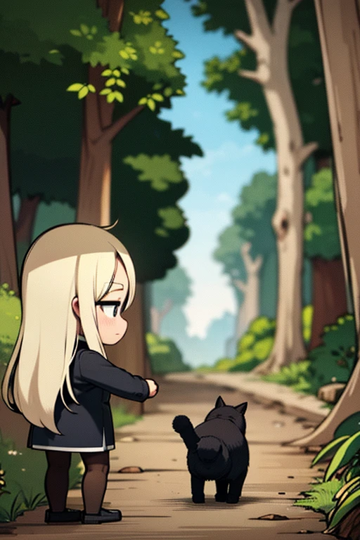 a blonde haired woman with teal eyes is holding a black cat in the woods