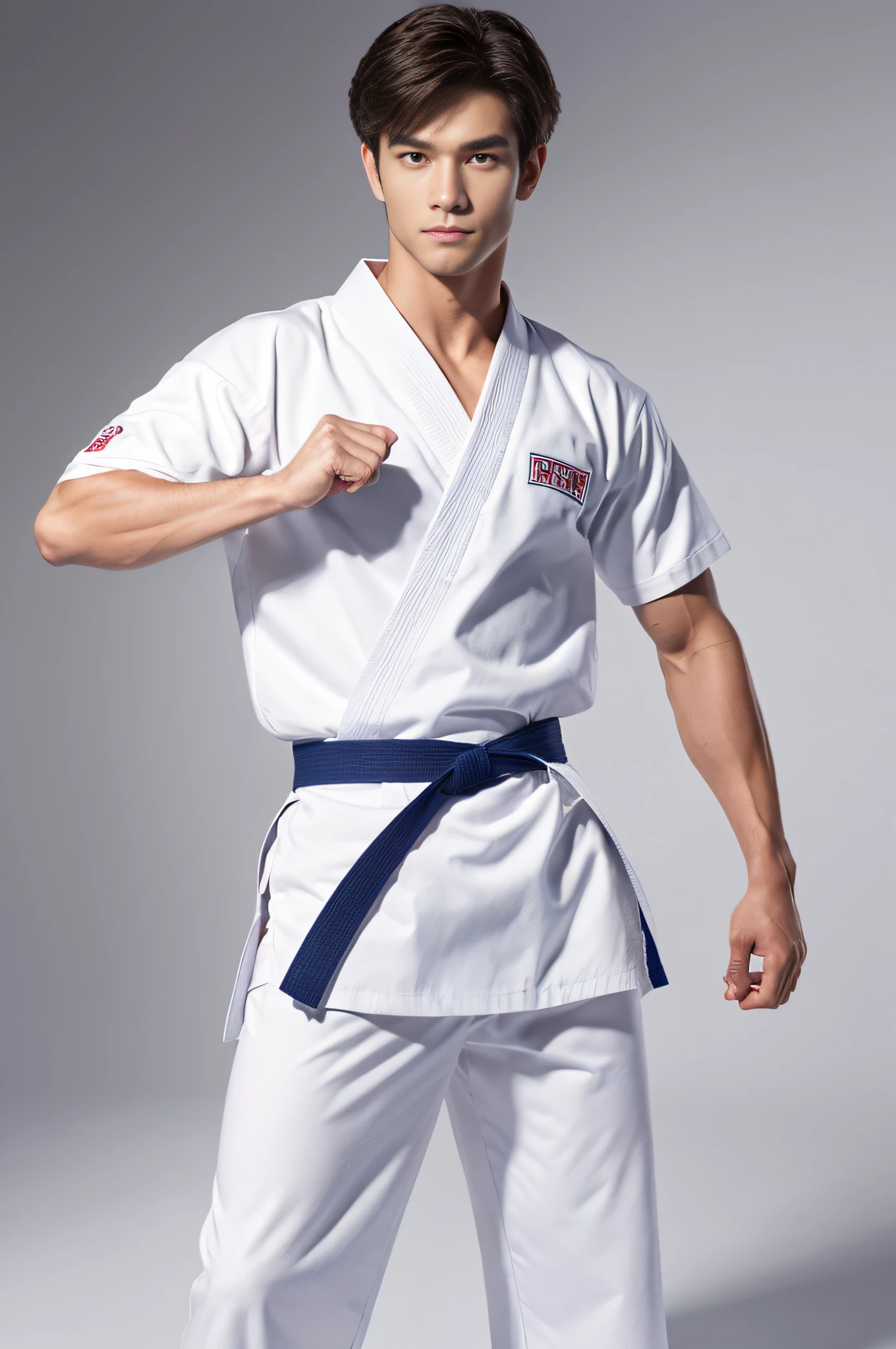 a picture, a handsome, 8k full body portrait of a man, Charming sweet look, Move ki, shorth hair, musculature, clong legs, Muscular legs,, bare-legged, Detailed muscular physique, a picture, (masterpiece, top-quality, top-quality, Official art), Stick out your fist, Large and dynamic movements, Photorealistic depiction,20yr old, Toned waist, White Karate Uniform, Karate Belt, White karate pants, Accurate depiction of details, Perfect skeleton, Look straight at your audience, sharp gaze