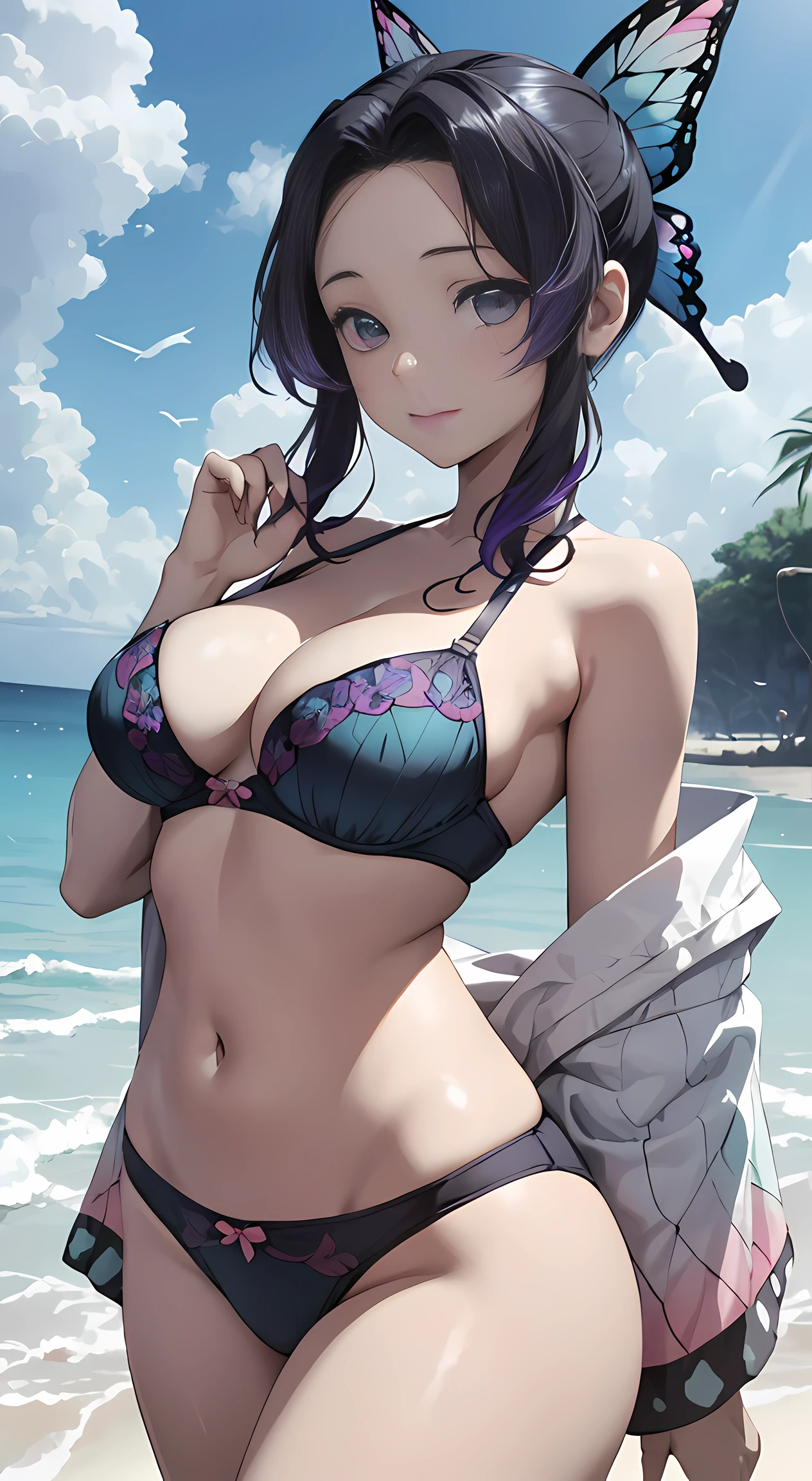 Portuguese – English ultrarrealista 8k CG detected，tmasterpiece,（（Extremely deadly eyes，delicate patterns，Complicated details）），Best quality，Muito Wey Kara Muito de Tahada，All is fine，Oljos Muito de Taljados，Section Chief Ren，Colorful hair，Half Esterondos，hair intakes，ohorokso，forehead，Camisa Preeta,butterflys，Tira de Obi，（tropical garden：1.2），Florosa，The sky is mostly cloudy，rays of sunshine，dingdall effect，slope_a paradise，Orosto，beautiful sky，Sword and knife，captivating posture，（Plump:1.3)，（Chopping:1.3)，（Off-the-shoulder attire:1.5)
Hyper-realistic 8k CG，tmasterpiece,（（Ultra detailed backgrounds，delicate patterns，Complicated details）），Best quality，Very, very, very detailed face，Very detailed eyes and face，very detail eyes，Section Chief Ren，Colorful hair，No bangs ，hair intakes，Black eyes，forehead，((Wear underwear))，butterflys，obi strip，（tropical garden：1.2），The sky is mostly cloudy，suns rays，dingdall effect，slope_a paradise，the face，Beautiful sky，captivating posture，（Large breasts:1.3)，（Chopping:1.3)，（Off-the-shoulder attire:1.5) , ((standing at the beach, beach area, the ocean))