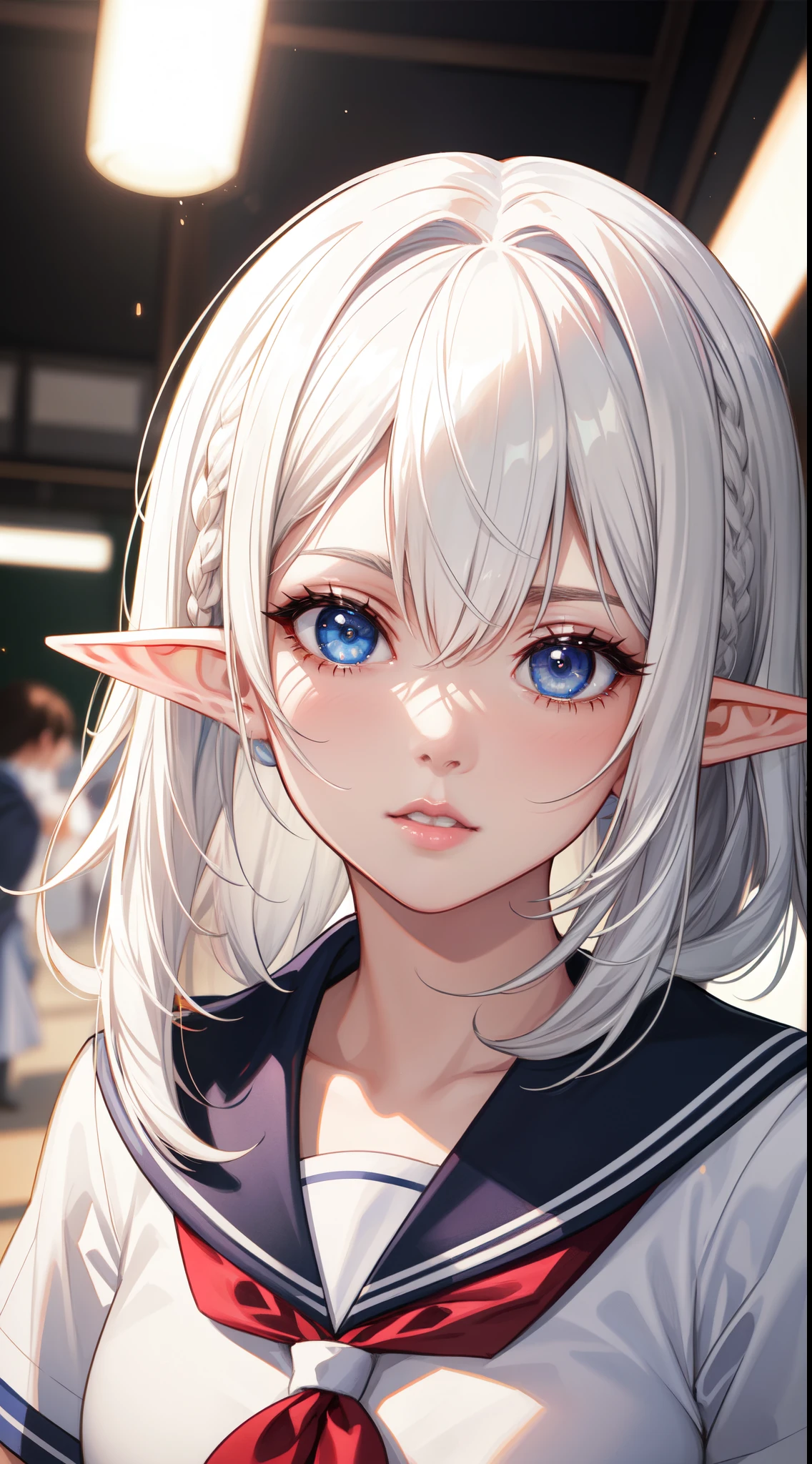 (masterpiece, best quality: 1.2), (ultra-detailed, cinematic lighting), (illustration), (beautiful detailed face, eyes), (elf:1.2) (1girl), Light pink lips, (white hair, sidelock, Pixie cut), Deep Blue Eyes, (school uniform:1.2), upper body, looking at viewer, depth of field, by Artgerm, Yusuke Murata.