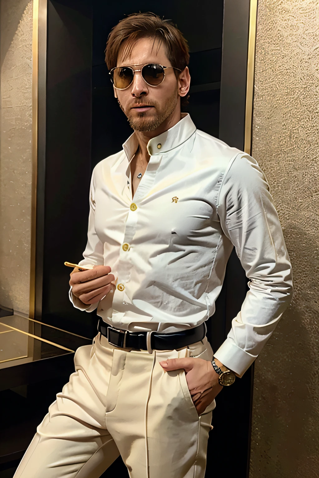 messi usando casaca blanca, pantalon negro, anillos de oro, collar de oro, lentes oscuros, mostrando los dedos de las manos