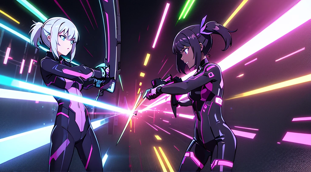 Neon sword fight between two goth girls with suits