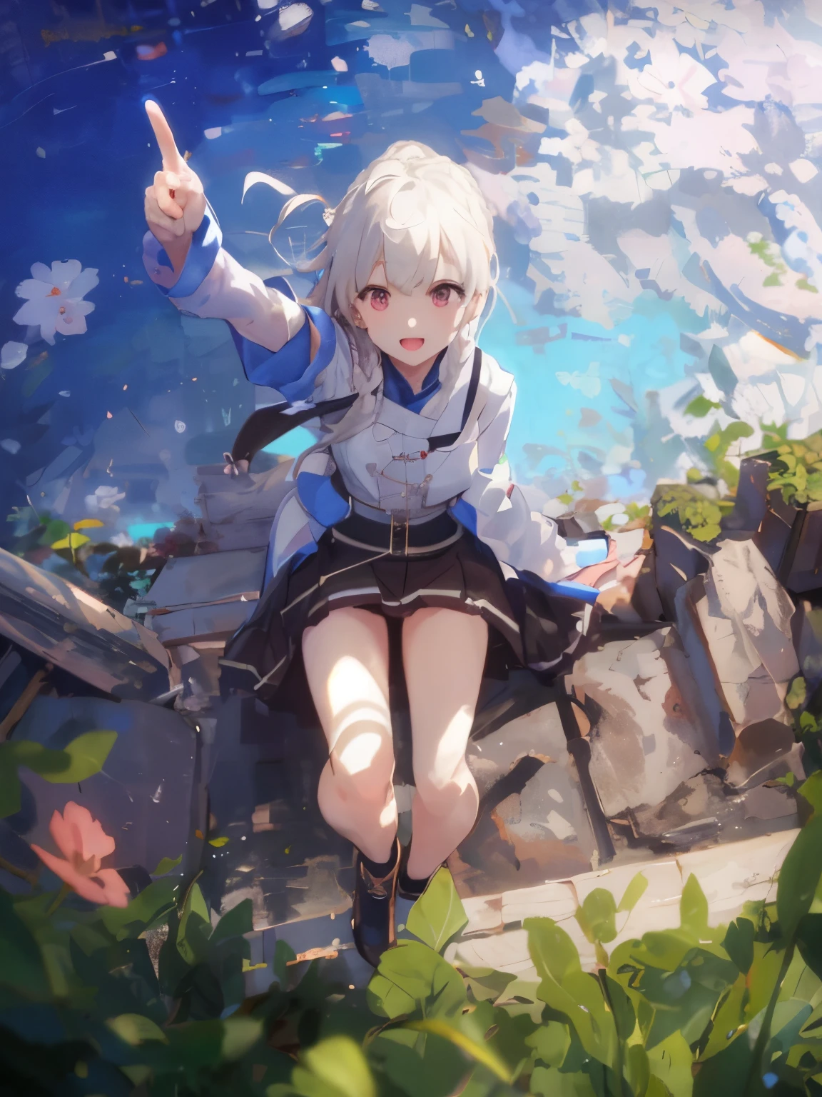 a picture, ​masterpiece, top-quality, wall-paper, 4K, 8K, hight resolution, 1girl, Elaina, Majo's Journey, white  hair, Ahoge, length hair, Braids, blue eyess, The shirt, Sweaters, broom, towns, buliding, Duan, florals, butterflys, rays of sunshine, sunlight dappled, :D、
