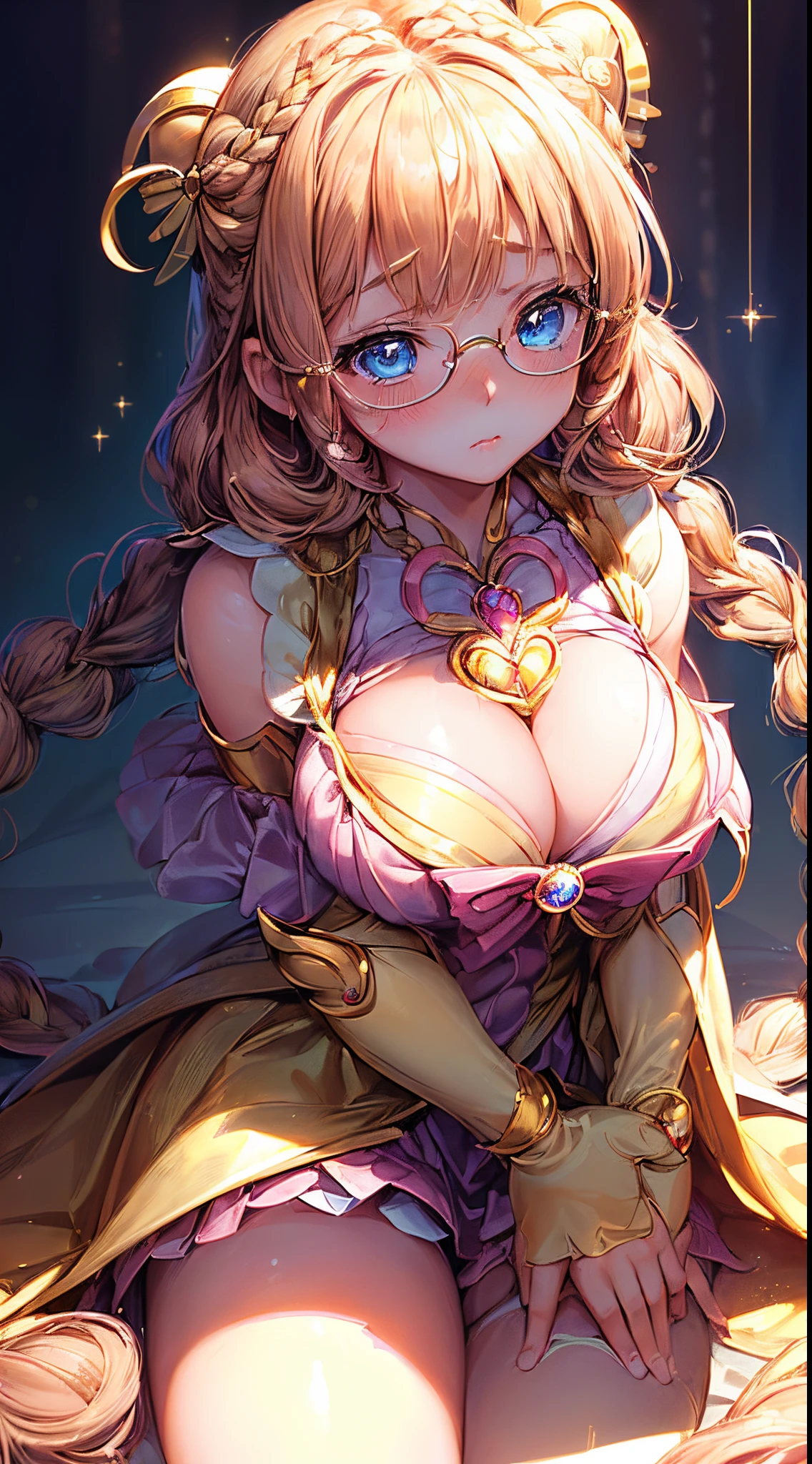 1womanl,Golden head hair,ar old Impatient expression)),Beautiful breasts,(((Magical Girl Costumes)))(,well-styled,,(Facing the front)(((Blushing cheeks、Surprised look)),(((Braids))),((( Portrait from the knee up)))Frameless glasses,Blue eyes,(((Bangs are aligned)))((see -through))((Magical Girl Costumes))