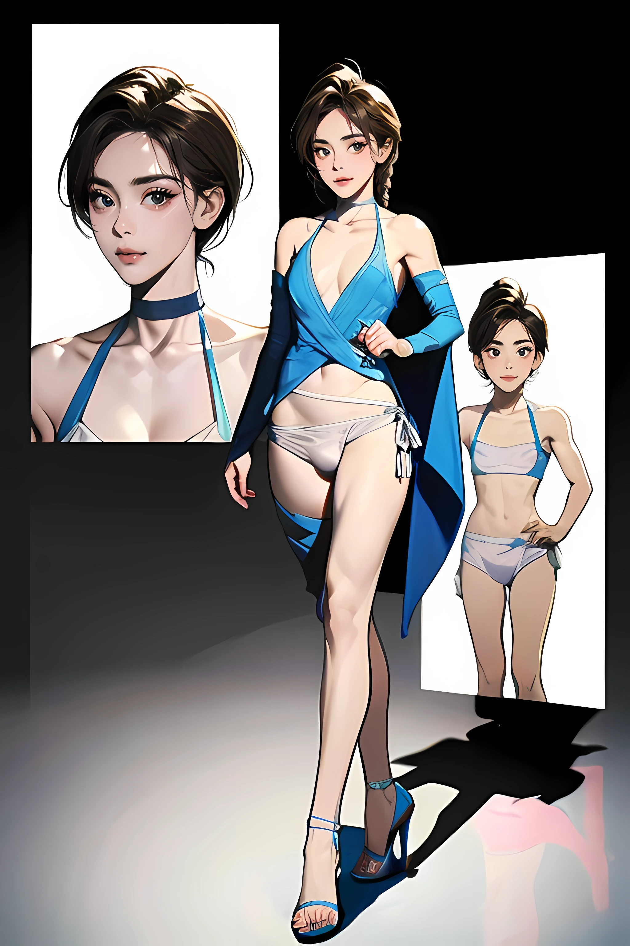 femboy, ((Masterpiece)), (Cute: 2.0), The face is extremely detailed, Enchanted expression, Strong gaze, Black Double French Braid, (Thin structure),Slightly round face, Tanned brown face, Healthy face, Big eyes, Thin thighs, (Small chest), confident pose, harsh, Almond-shaped eyes, rich palette,choker necklace,3D,open-toe high heels, goddess,open-toe high heels, goddess, Lean-yet-toned body/androgynous body aesthetic, spasm,tgirl,large erect peni,dickie,penisS,trap,(, , large , testicles, large testicles, erection), CFemboy,Otoko no ko,OTOPIP,dickie in panties, bulge