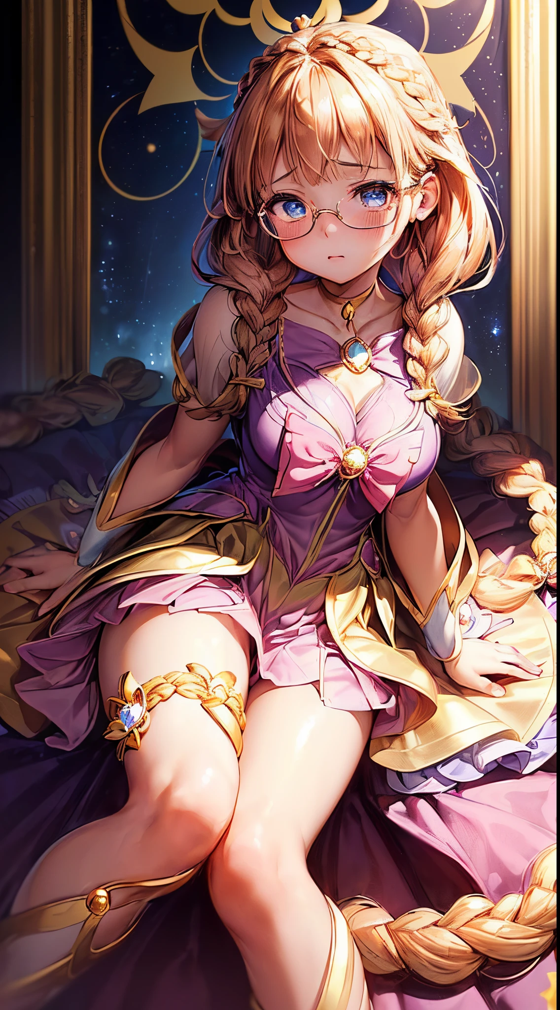 1womanl,Golden head hair,ar old Impatient expression)),Beautiful breasts,(((Magical Girl Costumes)))(,well-styled,,(Facing the front)(((Blushing cheeks、Surprised look)),(((Braids))),((( Portrait from the knee up)))Frameless glasses,Blue eyes,(((Bangs are aligned)))((see -through))((Magical Girl Costumes))