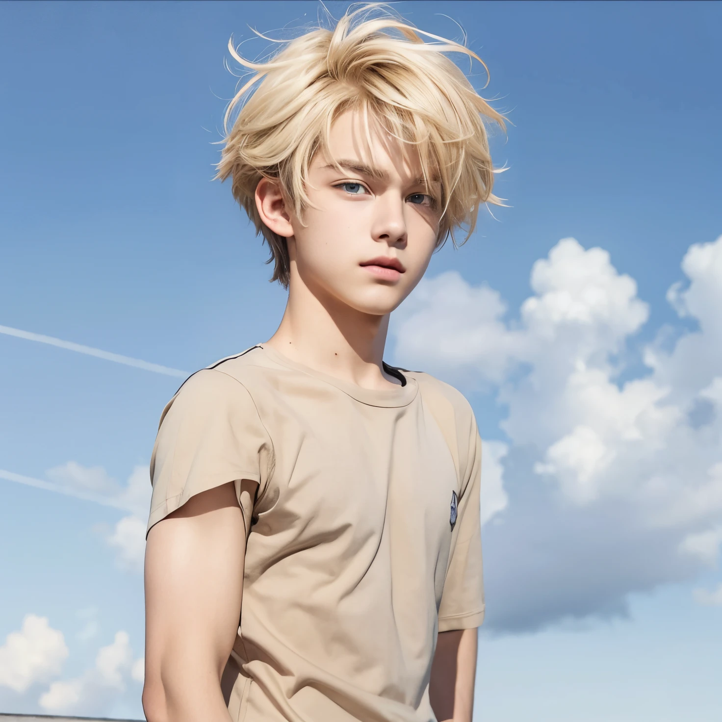 A teenage boy with realistic blonde hair, (same realistic hairstyle), realistic handsome face, realistic cool expression, realistic nice body, realistic Daylight, Realistic shadows, realistic backgrounds, good image quality, very good image results, 4k, ultra detailed, realistic