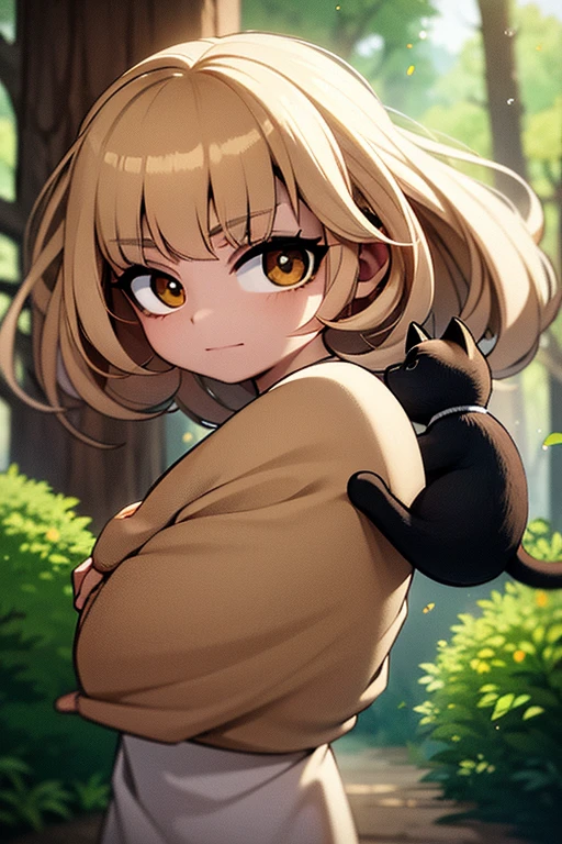 a light golden haired female angel with hazel eyes is holding a black cat in the woods