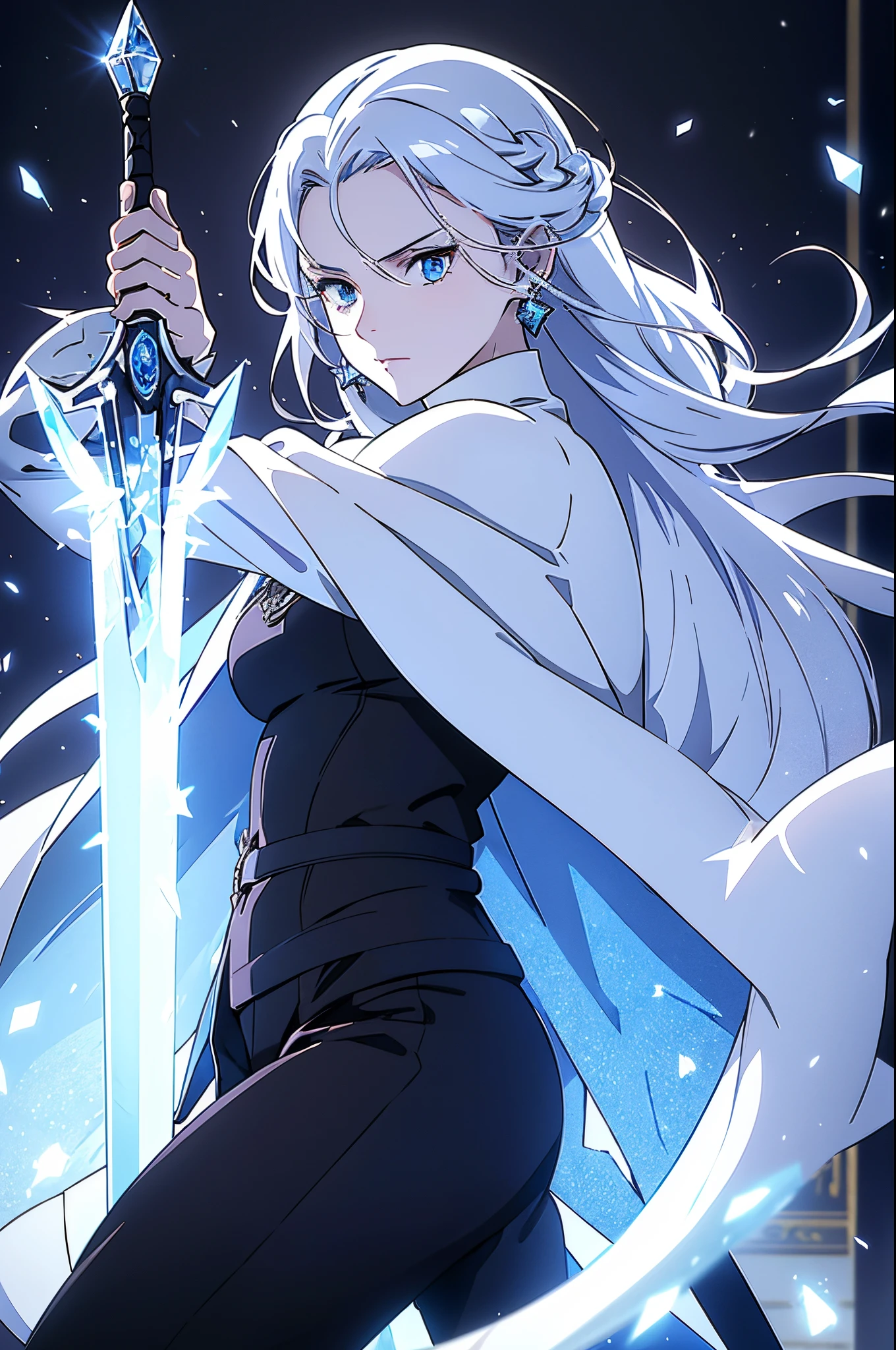 a woman, young, 19 years old, swordsman, long white hair, skin as white as snow, cold gaze, blue eyes like crystal, black sweater, black pants, cape, a crystal sword, earring in her ear, background with blue lights.