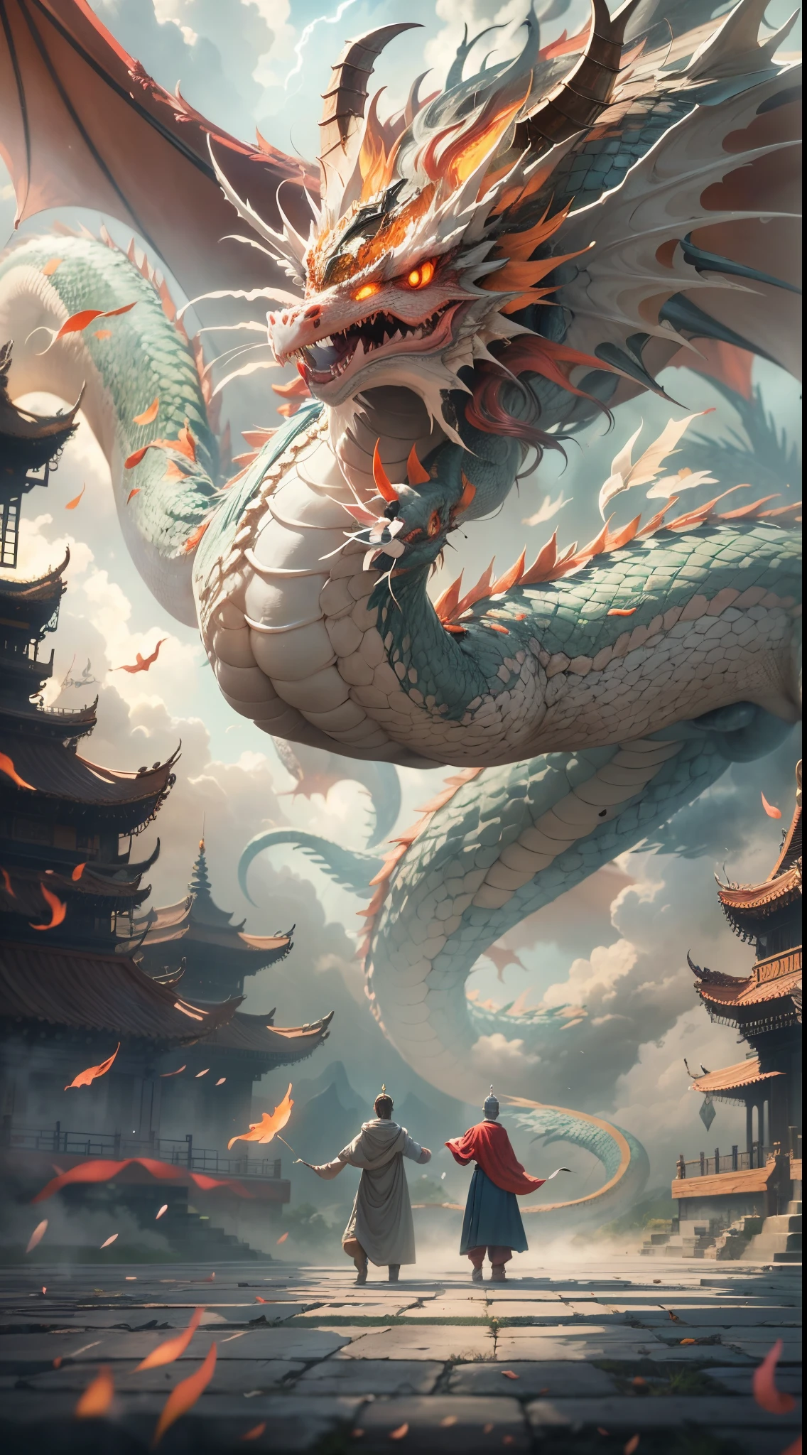 （tmasterpiece、Need、Ultra-delicate、A high resolution、The characters are clear），(Dudong Dragon:1.5)1 man， Back Shadow，​​clouds， malefocus，uni， Skysky， mostly cloudy sky，the night，themoon，looking at viewert， 独奏,（Chinese dragon giant sense）