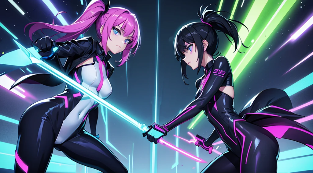 Neon sword fight between two goth girls with suits