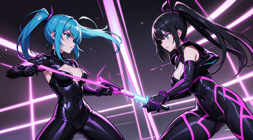 Neon sword fight between two goth girls with suits