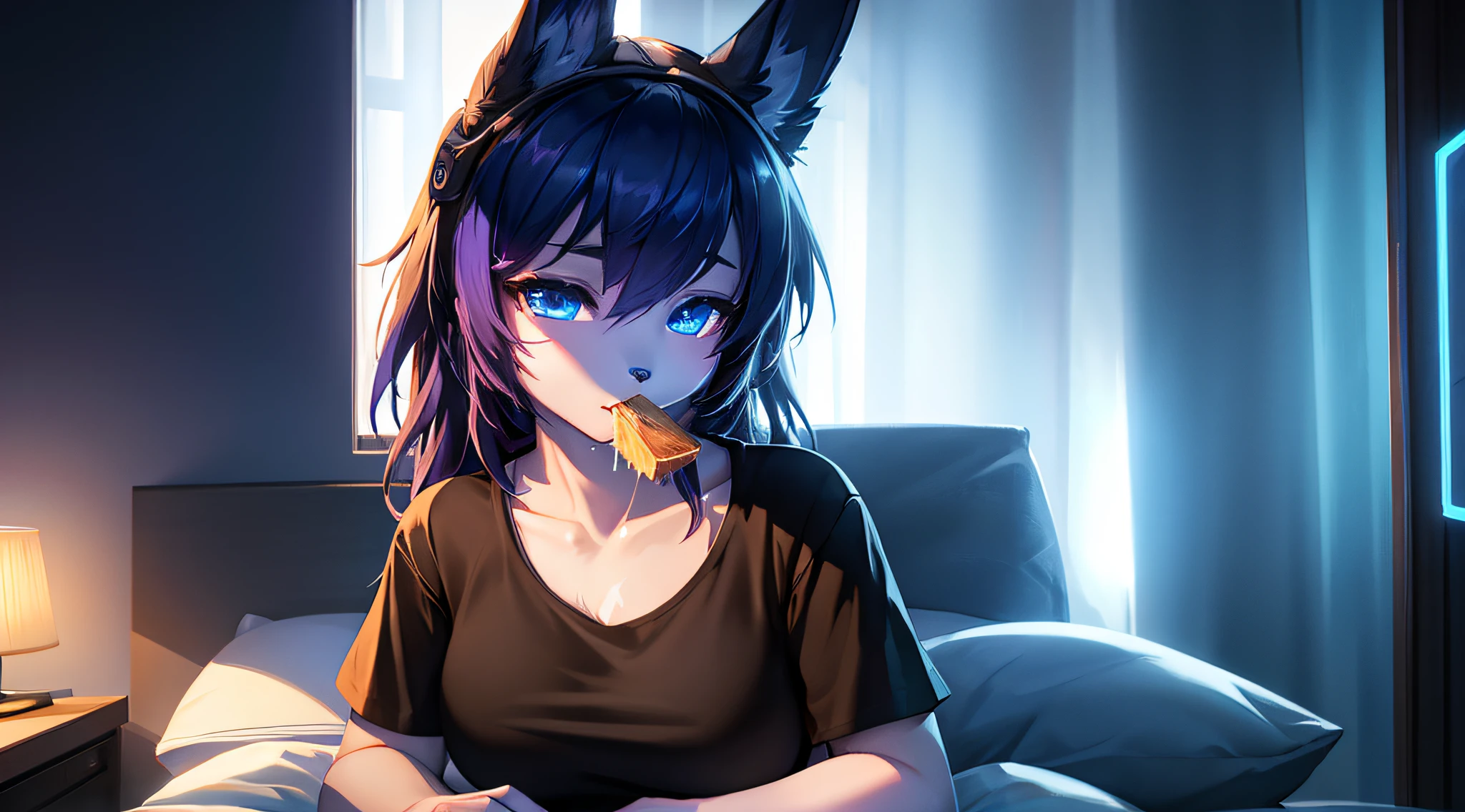 (cyber punk perssonage)Dark blue fur bunny lady beautiful face eating bedroom glow T-shirt beautiful light and shadow、ambient lights、Ultra-fine fur、Volumetric light is ultra-detailed