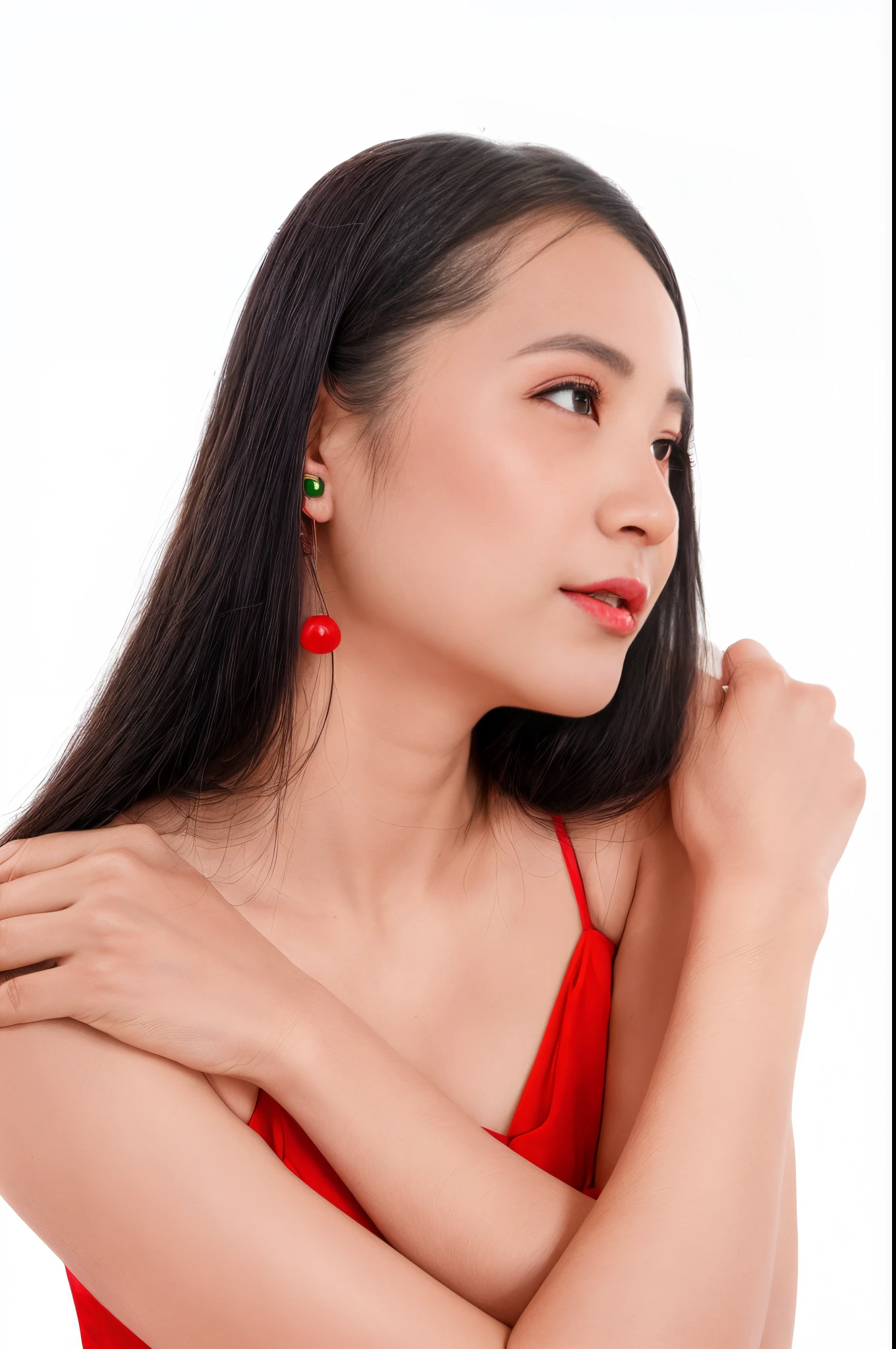 araffe woman in red dress with red earrings and red lipstick, red jewelry, wearing pearl earrings, red and green tones, wearing a red cheongsam, wearing ornate earrings, earring, red and green, an asian woman, long earrings, red green, green and red, green and red tones, chinese woman, jia, inspired by Yao Tingmei
