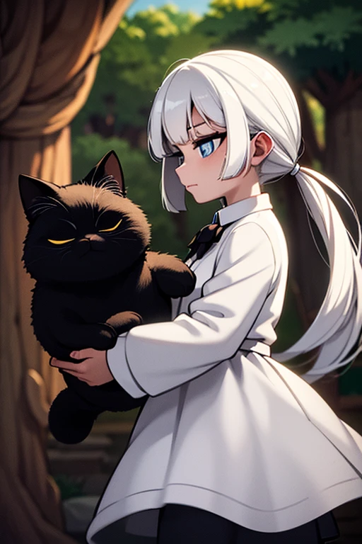 a white haired woman with blue eyes is holding a black cat in the woods