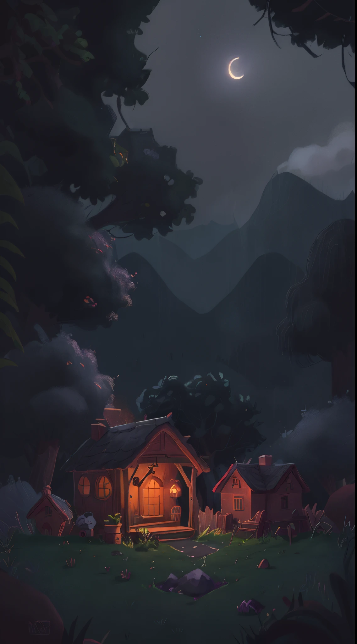 Small house in night, dark, moon