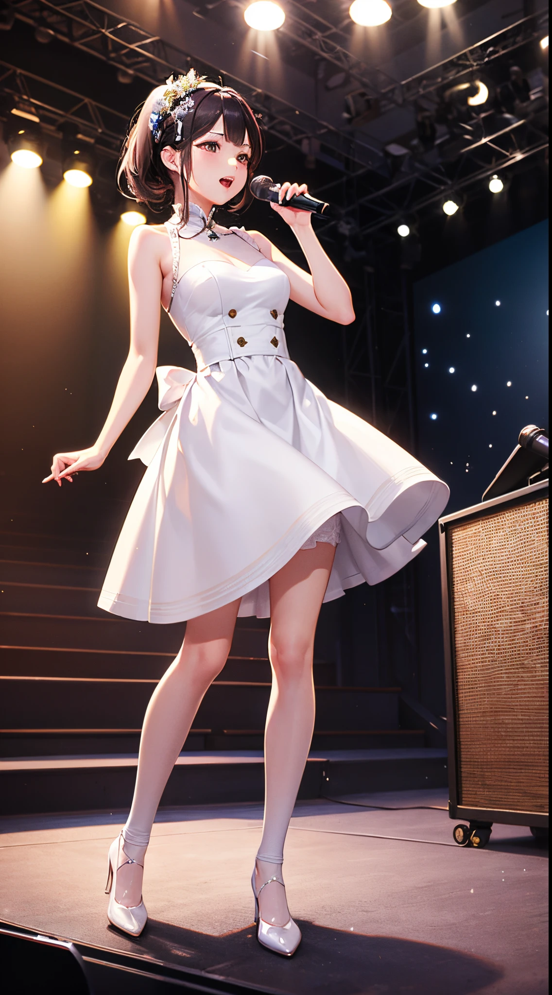 Expired lively and lovely woman。idoly。Stand on stage and sing。white skirt。white stockings。 Very elegant