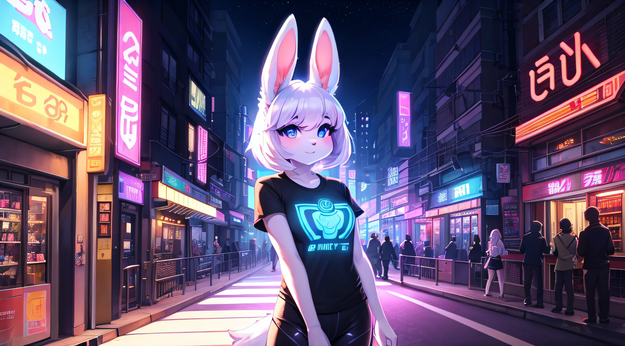 (cyber punk perssonage)Beautiful face of lady bunny with white fur looking around city street glowing t-shirt beautiful light and shadow、ambient lights、Ultra-fine fur、Volumetric light is ultra-detailed