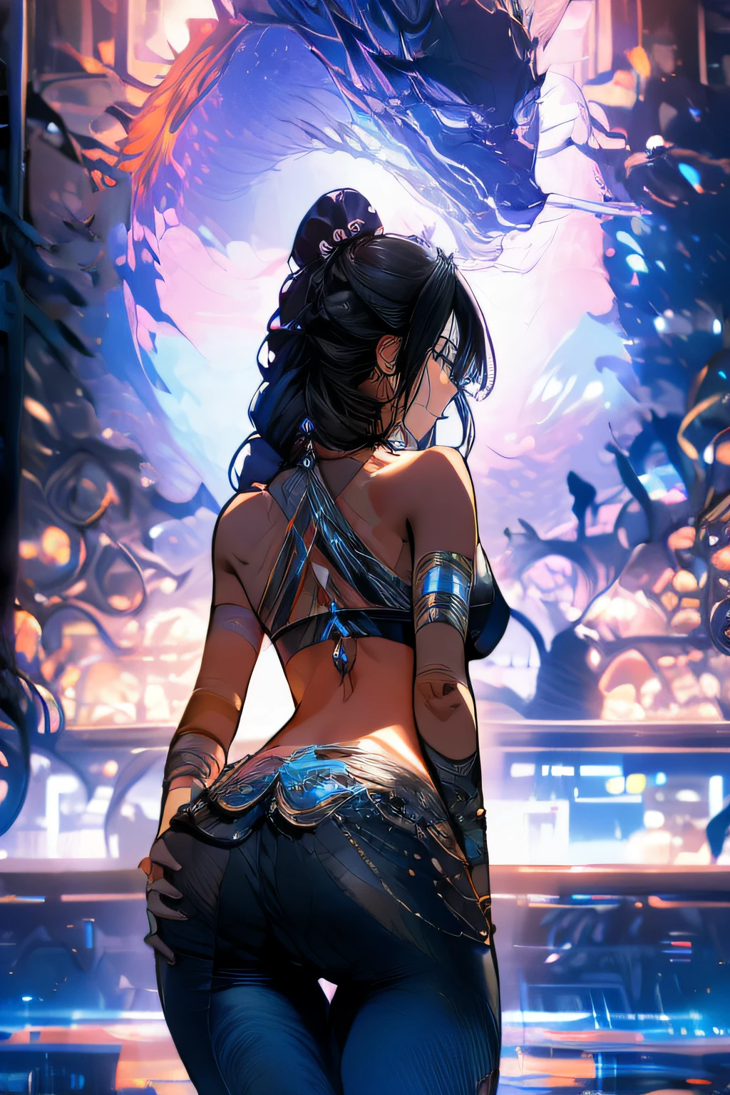 anime art style, Close-up of a busty girl in a bikini, Brilliant background, Skimpy bikini, Bust size HH, big butt, Dark hair, Lovestruck, next to a pool, flirty pose, Elegant face, (Best Quality: 1.5), dynamicpose, digital illustration art, perfect , Highly detailed, Concept art, Smooth, sharp-focus, illustartion, Detailed Face, Detailed background, Not a word, no signature, Intricate, Classy, four fingers and one thumb per hand, perfect lighting, Very detailed, UHD, HD, seen from behind,