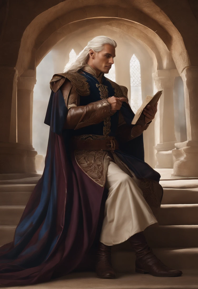 Aemond Targaryen sitting on the back of Vhagar, holding a parchment with battle strategies, his eyes fixed on the horizon,Dance of the Dragons,[Prince Aemond Targaryen; Appearance=medieval regal attire, expensive fabrics, impeccable taste, wears dark colours, casual attire only in private, wears a leather eyepatch over left eye. Facial features=strong and prominent jawline, straight nose, full lips with defined cupids bow, one violet eye (right), scar from left eyebrow to left cheekbone, missing left eye replaced by blue sapphire. Body=Tall, lithe, defined muscles, broad shoulders and chest, long torso, small waist, long legs, tight round arse, long thick uncircumcised cock. Hair=Long, straight, platinum, silver. Hands=Large, veiny, long elegant fingers.]