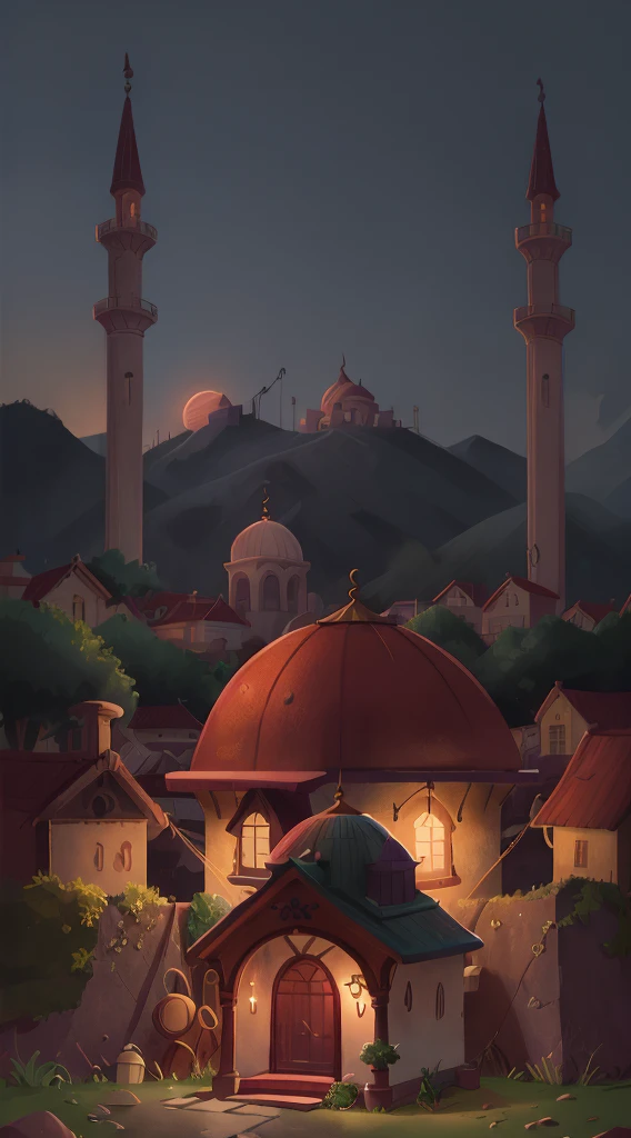 Small house in night, mosque behind