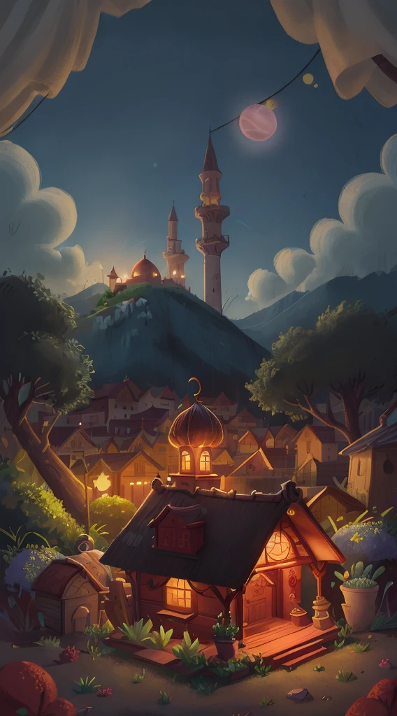 Small house in night, mosque behind