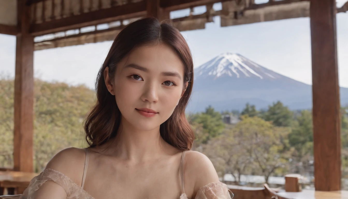 tokyo prefecture, 1人の女性 ((Upper body selfie, Happy)), European girl,Mt fuji,The background is the mountain. Fuji,On the table, Best quality at best, ultra - detailed, Alone, Outdoor activities,Shady, contrast,in Tokyo, Crystal clear sky, analogue style (Just look at the audience:1.2) (skin texture) (filmgrain:1.3), (a warm color palette, a warm color palette:1.2), closeup cleavage, 电影灯光, side lights, 超高分辨率, The best shadow, raw, The upper part of the body, wearing pullover,Monte. Mount Fuji's elegant shape,(Canon EOS 5D Mark IV camera, Known for capturing vibrant colors and rich textures:1.2)