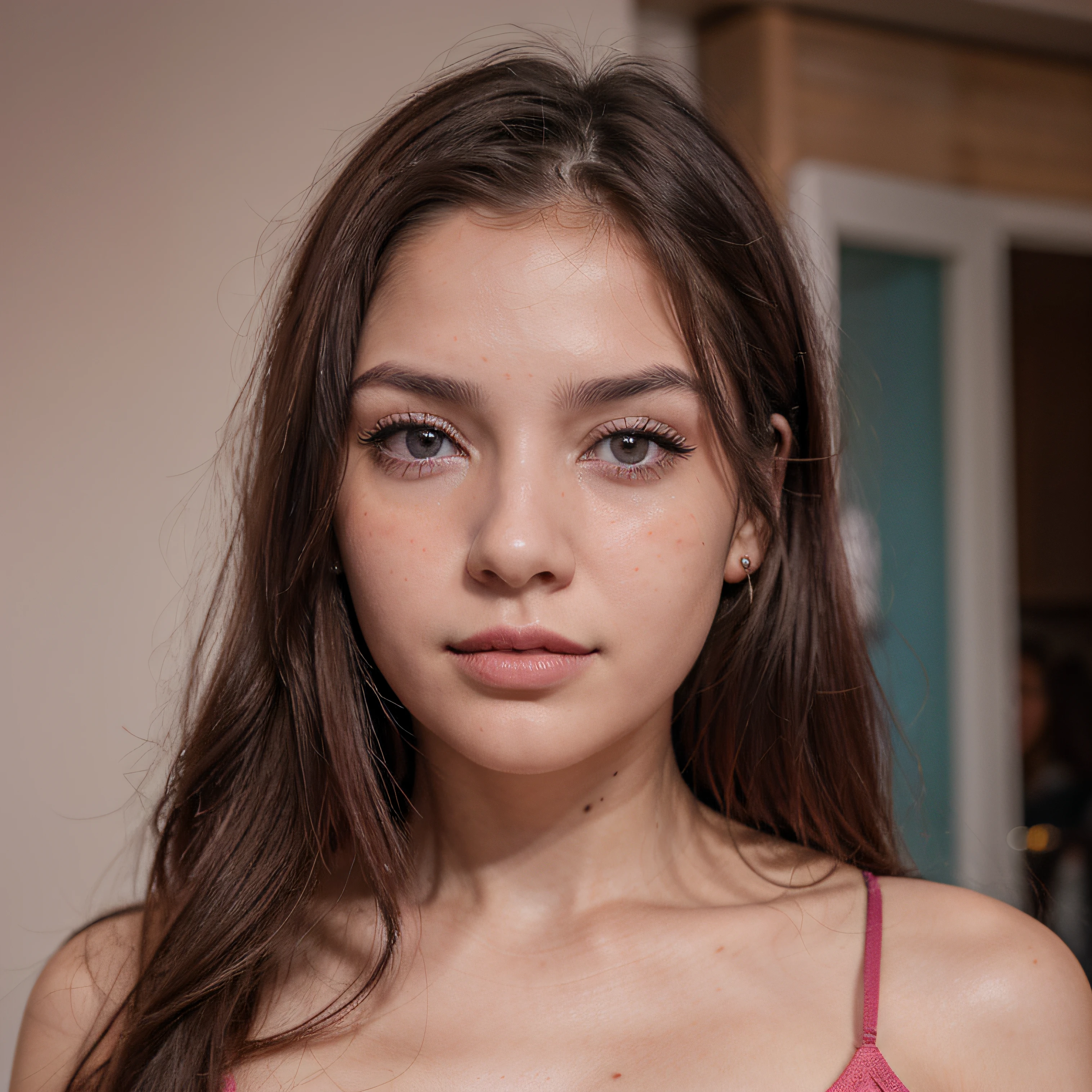 imagen solo del rostro de una mujer joven, de piel rosada, cabello gris lasio, con ojos azules intensos, labios grandes rosados, un lunar en la parte inferior derecha de los labios y nariz respingada con pecas