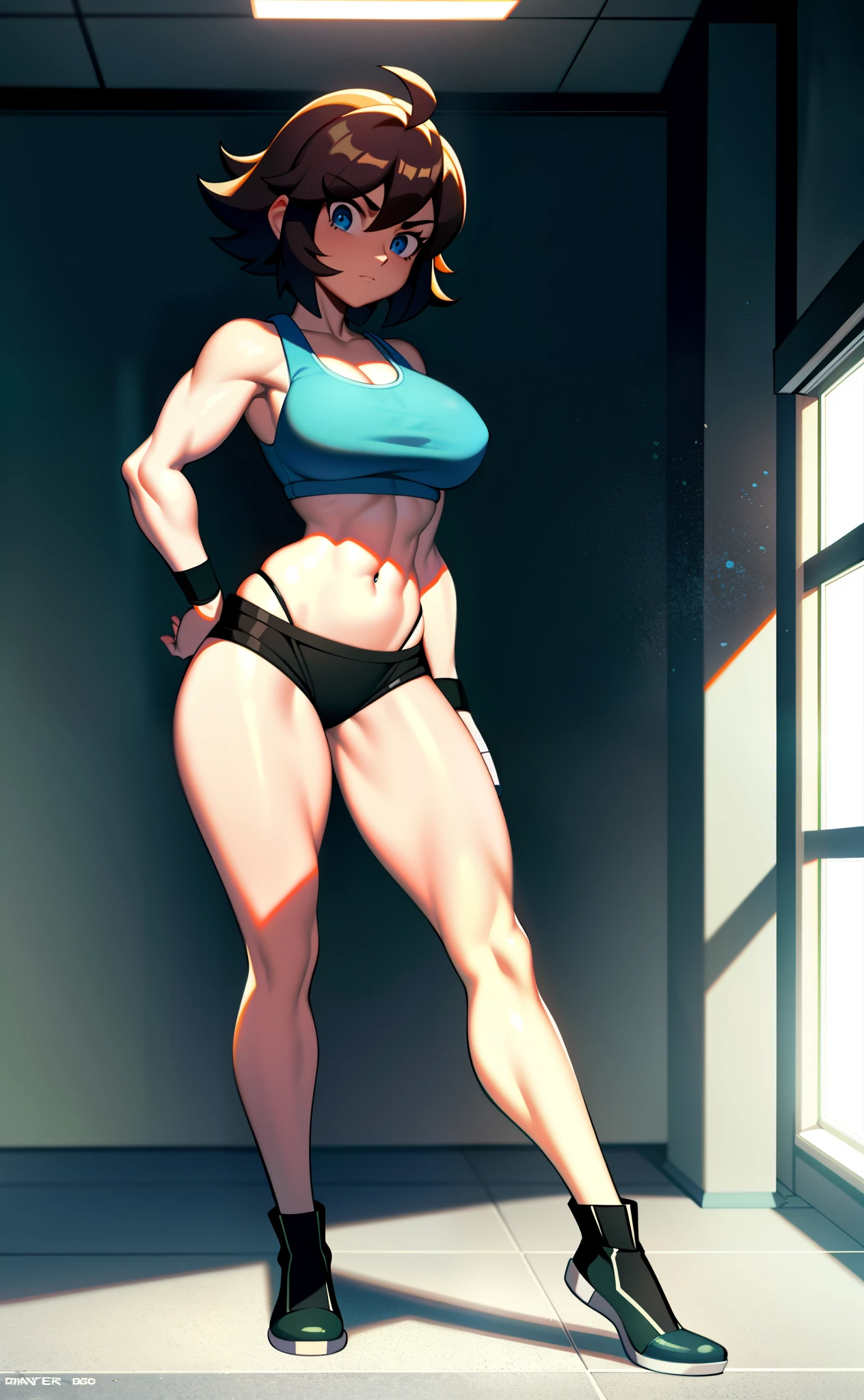 [patricia wagon], [mighty switch force], ((masterpiece)), ((HD)), ((beautiful render art)), ((solo portrait)), ((full body)), ((front view)), ((cinematic lighting)), ((anime)), ((detailed shading)), ((intricate details)), {(athletic figure), (cute dark-blue eyes), long eyelashes, (short brown hair), (medium boobs), (gorgeous wide hips), (muscular legs), (beautiful legs), (detailed socks), (expressionless)}, {(green tank top), (black panties), (black knee-high socks)}, {(standing), (looking at viewer)}, [Background; (gym), (window), (blue sky), (sun rays), (ambient lighting)]