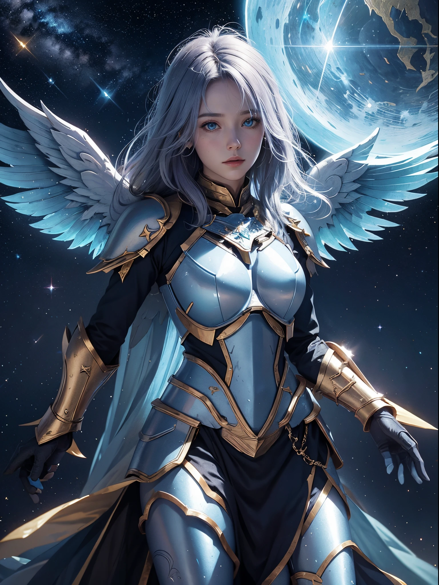 "Original fantasy warrior concept: Celestial guardian with wings made of constellations, ((celestial armor:1.3)), astral weapons, cosmic battlefield, radiant energy, (artist:1.5), majestic and otherworldly composition."