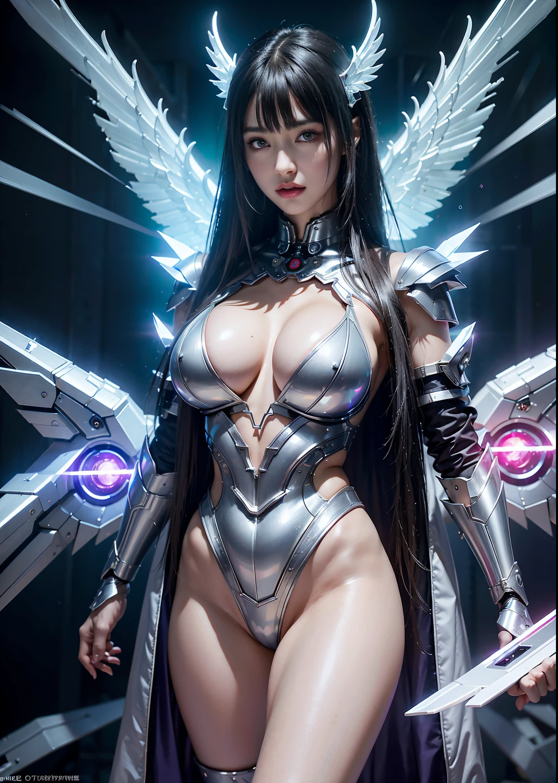 NSFW1.8，top-quality、tmasterpiece、超A high resolution、(Photorealsitic:1.4)、Battle Robot Angel、Large wing made of metal、White porcelain body、Acrylic transparent cover、whaite hair、glowy skin、1 Cyborg Girl、((Super realistic details))、porate、globalillumination、black shadows、octan render、8K、ultrasharp、Character edge light、Details of complex ornaments、small led lights、highly intricate detail、Realistic light、a purple eye、Radiant eyes、Facing the camera、neon light detail、《cyber punk perssonage》
