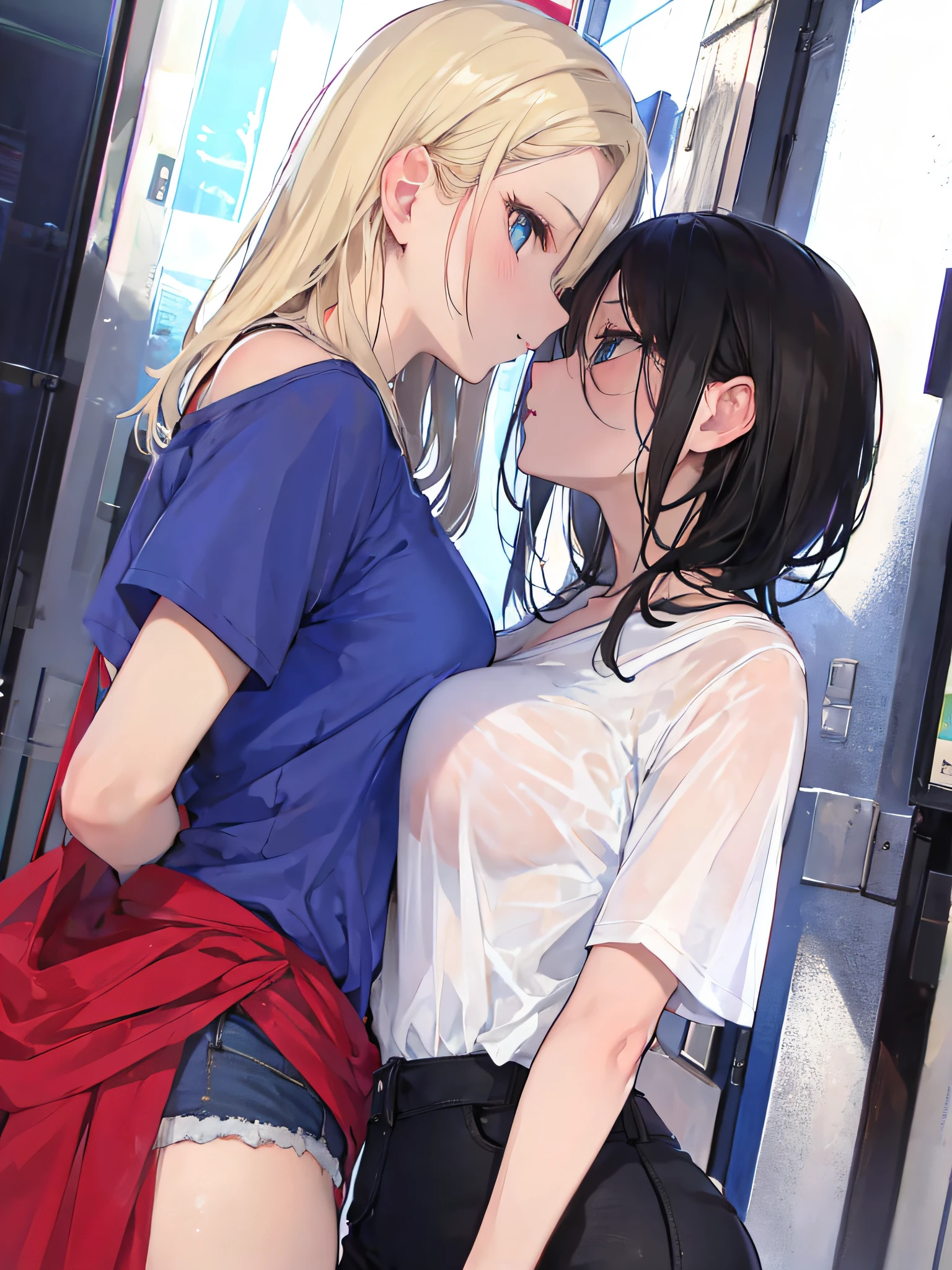 1girl, short black hair, blue eyes, wearing a plain white shirt, denim shorts, in a city setting, absurdres, high res, ultrasharp, 8K, masterpiece, looking at viewer Add a second girl, tall with blonde hair, well endowed, wearing a stunning red evening dress. Both girls should be positioned to look toward each other with engaging expressions.