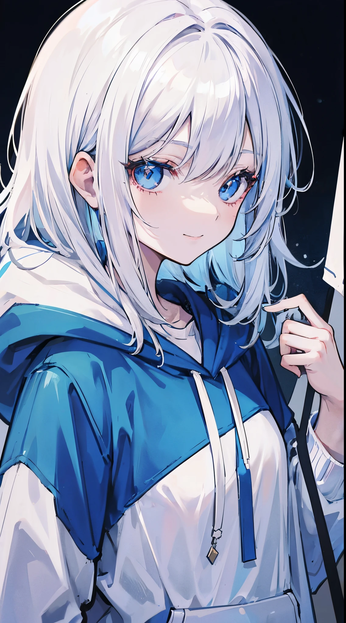 Cover magazine. Solo. 1woman. Anime. A woman with half black and half white hair. Her hair is long. Her eye color is blue. She was very cheerful and liked to smile. She is a poet. Wearing a blue hoodie and his head covered by a hoodie hood. She is full of freedom. Have ahego