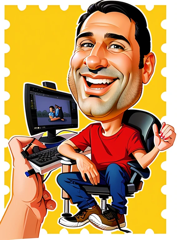homem de desenho animado sentado em uma cadeira com um computador e um gato, desenho animado de arte digital, arte digital dos desenhos animados, arte dos desenhos animados, in cartoon style, Cartoon style illustration, pintura digital dos desenhos animados, !!! muito coerente!!! arte vetorial, caricature illustration, estilo caricatura, retrato dos desenhos animados, digital character illustration, caricatural, arte de pintura digital dos desenhos animados, imagem dos desenhos animados, estilo de arte dos desenhos animados