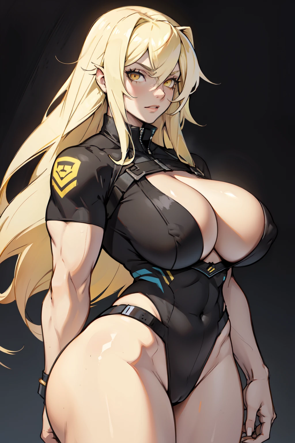 muscular girl huge breasts black long hair yellow eyes pale skin sidelocks