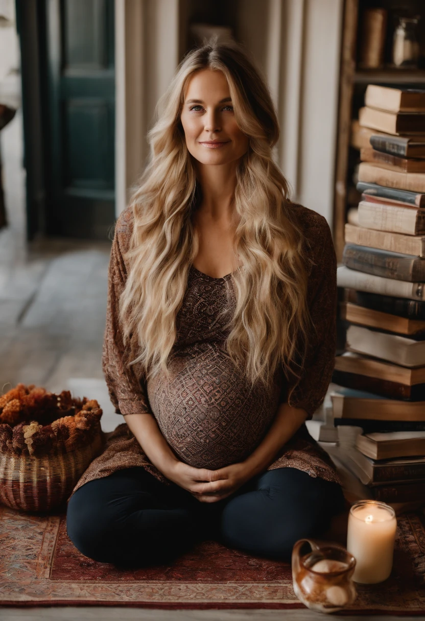An image of Charlie sitting on a yoga mat surrounded by pregnancy and birth books, with a cup of herbal tea in hand and a serene look on her face,original,Charlie is pregnant, tall and blonde and skinny frame even though she is very pregnant. About eight months pregnant. She is beautiful. She dresses bohemian style. Wears scarves over her hair and headbands.