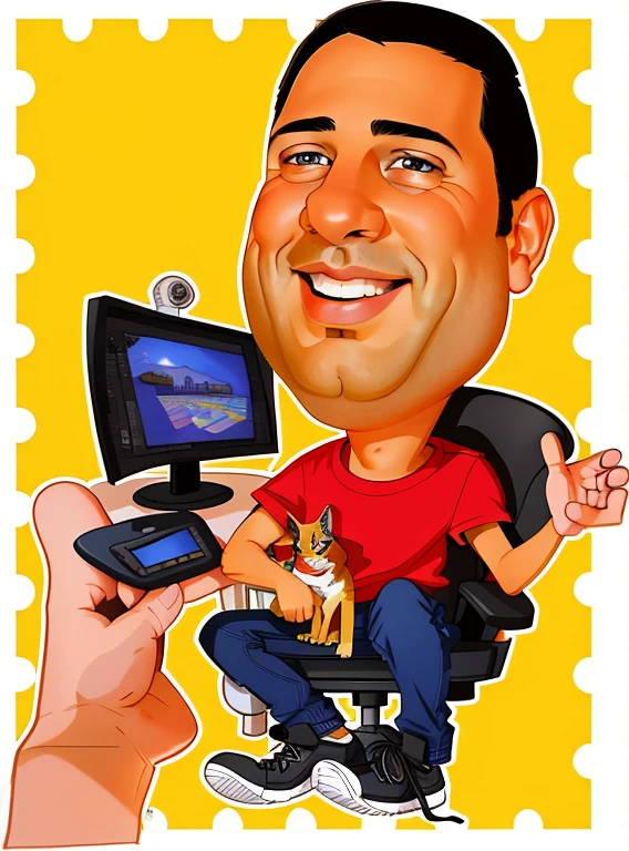 homem de desenho animado sentado em uma cadeira com um computador e um gato, desenho animado de arte digital, arte digital dos desenhos animados, arte dos desenhos animados, in cartoon style, Cartoon style illustration, pintura digital dos desenhos animados, !!! muito coerente!!! arte vetorial, caricature illustration, estilo caricatura, retrato dos desenhos animados, digital character illustration, caricatural, arte de pintura digital dos desenhos animados, imagem dos desenhos animados, estilo de arte dos desenhos animados