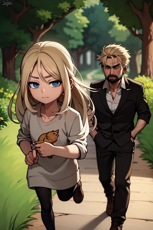 a blonde haired man with blue eyes and long hair and a dark beard is holding a black cat in the woods