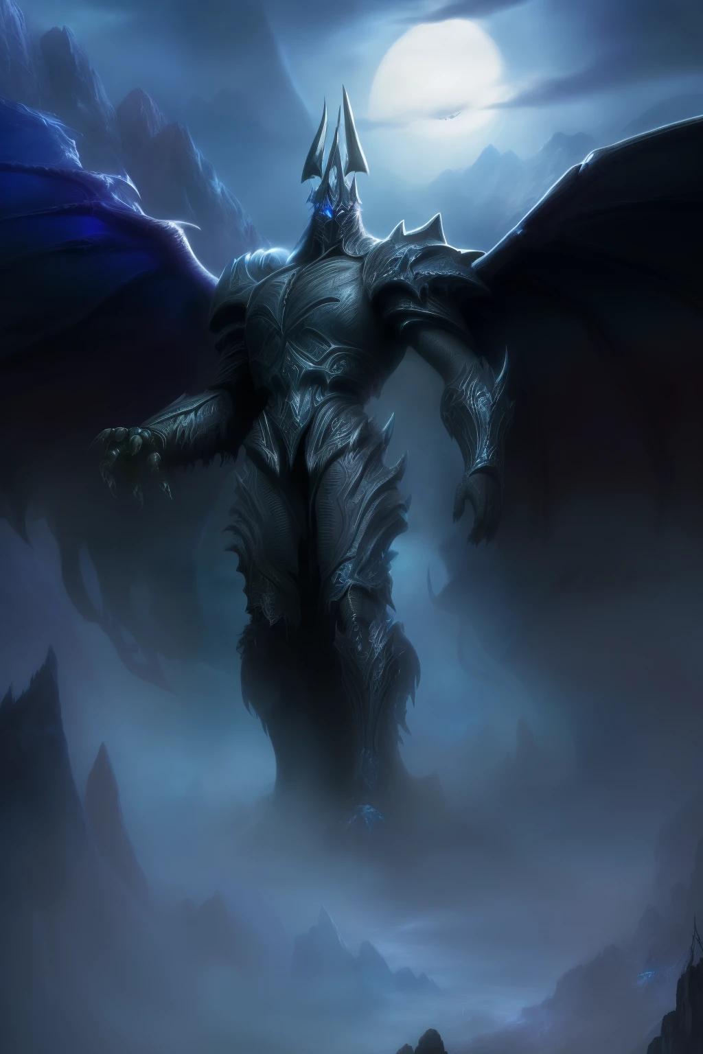 Highly detailed, High Quality, Masterpiece, beautiful, Aatrox, Black feathered wings, glowing eyes,  1boy, solo, full body, mountain, sky, face, portrait, night, Lich King,Blue armor,Arthas