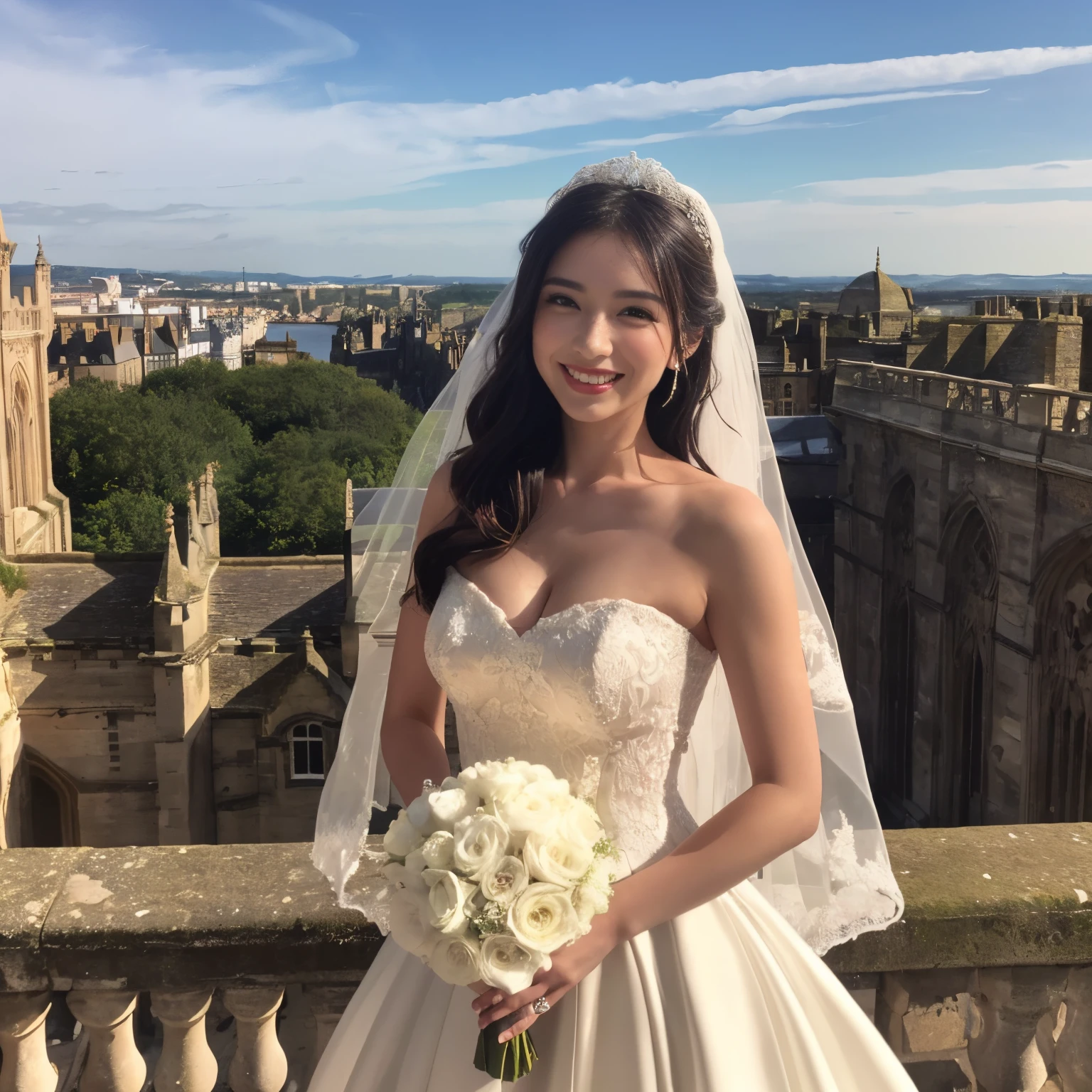 ((top-quality、masutepiece、8K、Top image quality、SFW))、(1 photo:1.3)、((beauty of england、most luxurious wedding dresses、Wedding bouquet、wedding lace、perfect wedding lace、perfect bride、english bride、english face、english hair color、English skin color))、(World tourist destinations in England on the background、world heritage sites in england:1.3)、cowboy shot、the biggest smile when you look at me、perfect anatomia、Perfect fingers、perfect hand