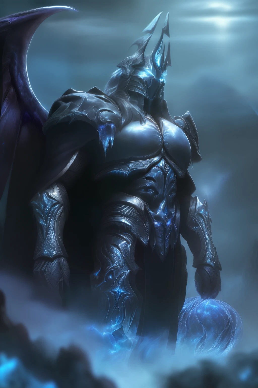 The is very detailed, high qulity, tmasterpiece, The beautiful, Yatoks, GODKING, glowing light eyes,  1boys, Alone, full bodyesbian, mont, Skysky, the face, sportrait, the night, lich king,blue armor,arthas,wings