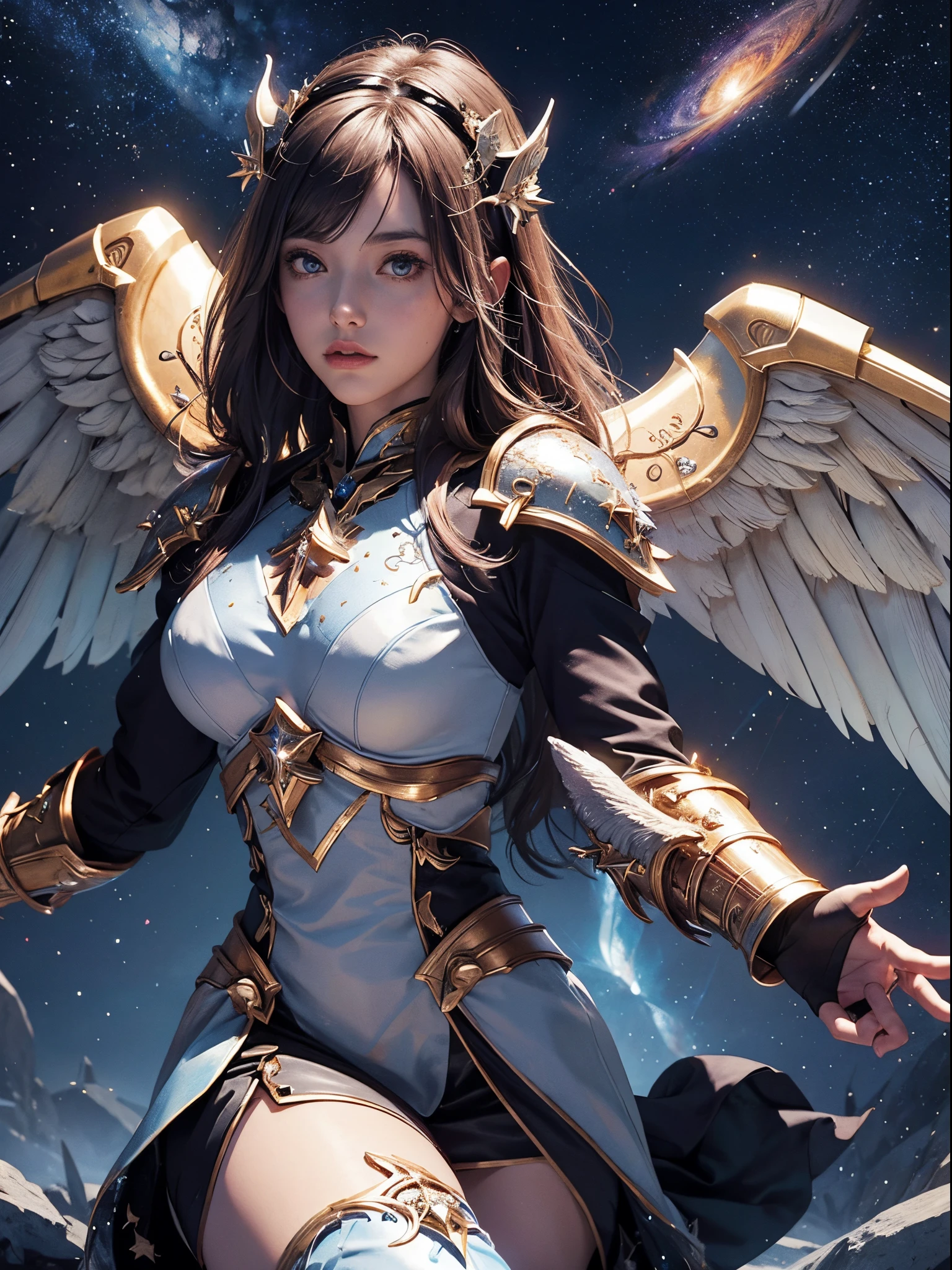 fantasy warrior Celestial guardian with wings made of constellations, ((celestial armor:1.3)), astral weapons, cosmic battlefield, radiant energy, (artist:1.5), majestic and otherworldly composition