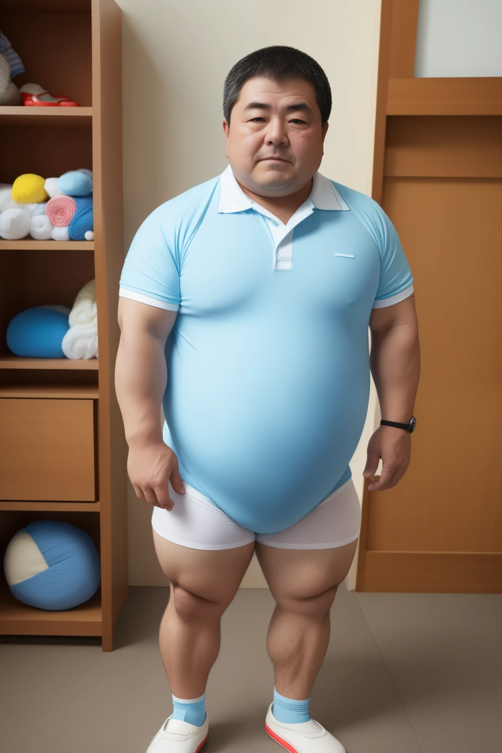 A thick man is 50yo in japan, He stand and slouching look down, dwarfism, Wearing a light blue short sleeve and white diaper, Pampers, Pacifier and bib, Bare legs, crew cut, tearful, sobbing, There is a small puddle at his feet, from side, playroom, a picture, high detail photo, masterpiece