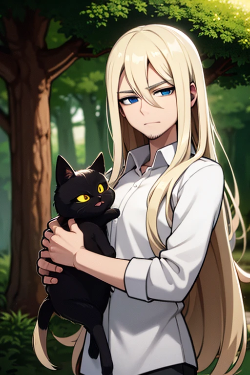 a blonde haired man with blue eyes and long hair and a dark beard is holding a black cat in the woods