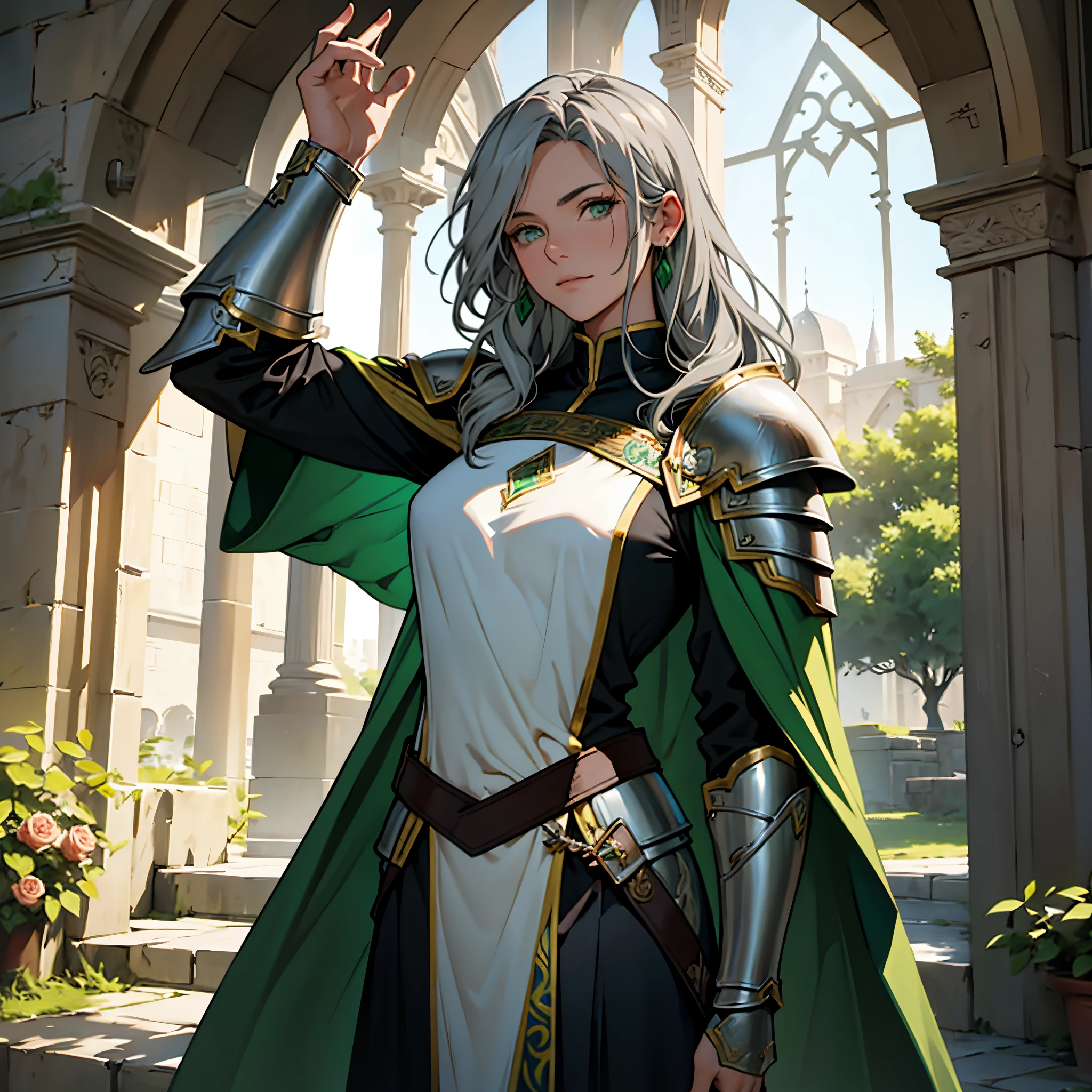 ​masterpiece, Best Quality, Super Detail 4K,Mature female knight wearing Loki armor, green cloak....., Long straight hair with gray hair, Background with : medieval rose garden