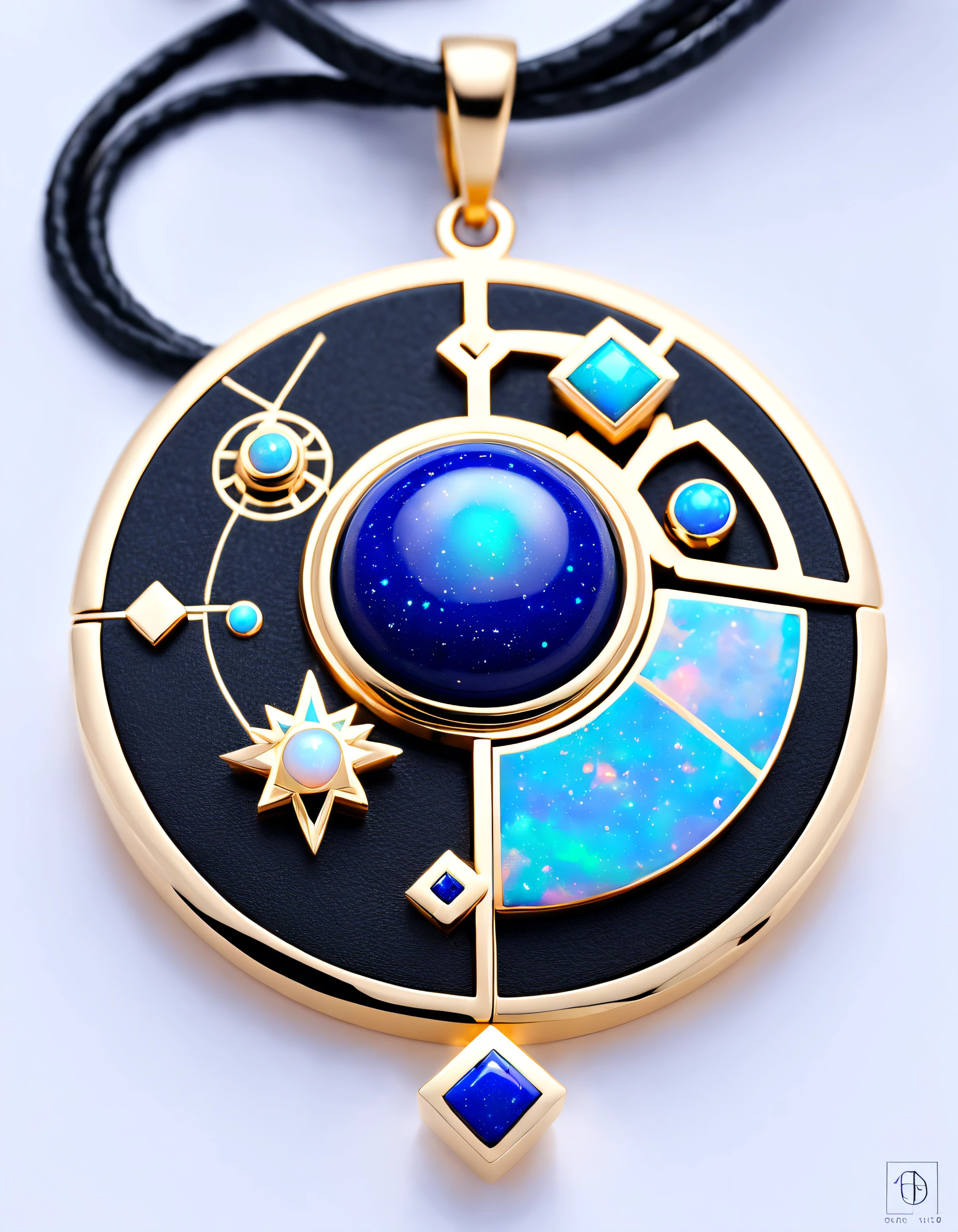 Item design, (Round pendant close-up), (There is a large double opal in the center.： 1.2) ，a leather cord, (12 constellation necklace)，（Zodiac symbol engraving）, Black gold border, platinum, lapis lazuli, turquesa, Complex structure, geometric shapes,(Dunhuang mural style), Background with: Black stone, 3 Rendering, Octagon rendering, number art, jewelry photography,