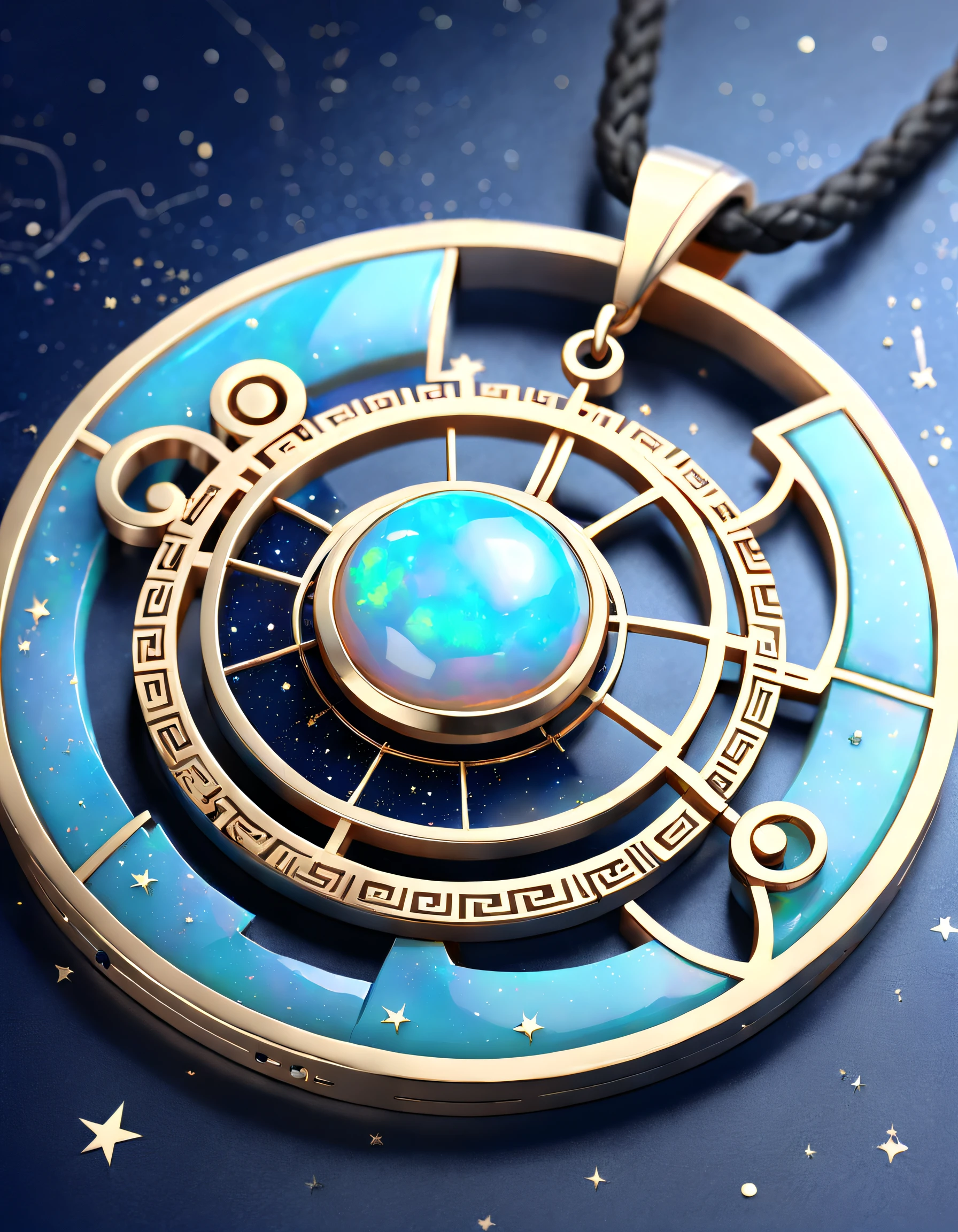 Item design, (close-up of circular pendant), (with a large double opal stone in the center: 1.2), a leather rope, (constellation symbol necklace), (constellation carving), black gold border, platinum, lapis lazuli, turquoise, complex structure, geometric shape, (Dunhuang mural style), background and: black stone, 3D rendering, octane rendering, digital art, jewelry photography,