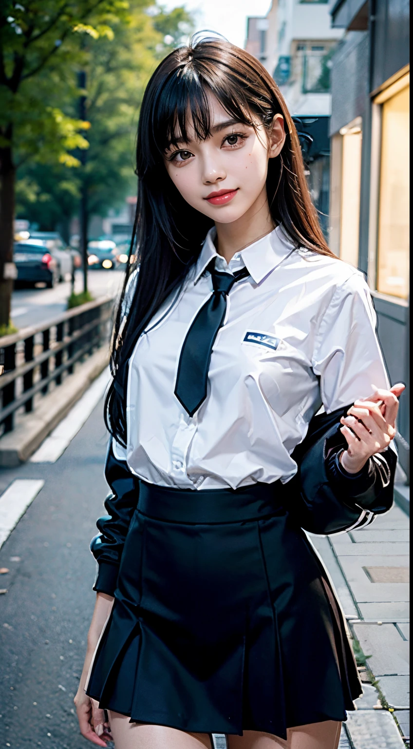 ((Tabletop, highest quality, 8K, masterpiece:1.2)), Official Art, Full body photo, Esbian all over, Emma is tying her tie, (Cute ass:1.2), suit, Embarrassing black hair, 14 years old, Medium breast, fun, Laughter, unbelievably ridiculous, (Upper Body, 濃紺のsuit:1.2, Cute Ties:1.4), beautiful girl, (Cute Face:1.2), (Gold ornament in hair), (かわいいsuitを着て:1.3), close, suitを着ている, Short sleeve, Gardenia, Violet, Teen, street, night, View Viewer, Film Grain, chromatic aberration, Sharp focus, Face Light, Dynamic Lighting, Cinema Lighting, (Detailed eyes and face:1.2), (Detailed hands and legs:1.2), Bokeh Background, (A tie with the word &quot;Emma&quot; written on it, 1:1.2)